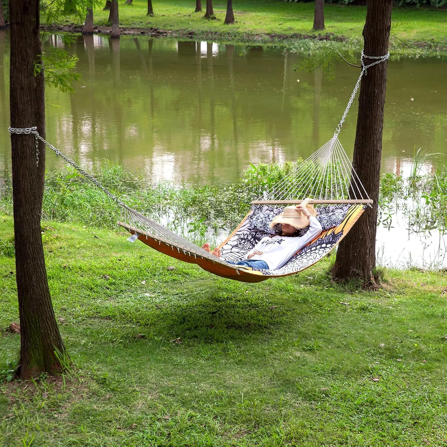 Backyard Expressions Reversible Quilted Hammock - Single or Double Hammock for Outdoor Relaxation with Matching Pillow, Flower