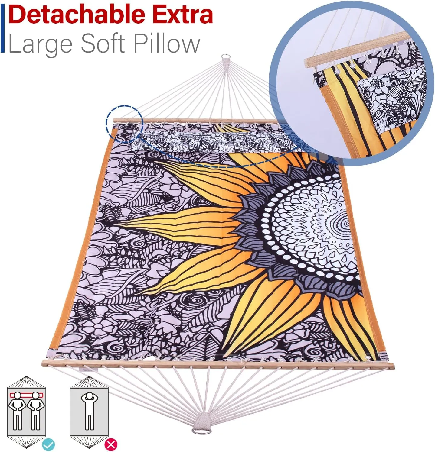 Backyard Expressions Reversible Quilted Hammock - Single or Double Hammock for Outdoor Relaxation with Matching Pillow, Flower