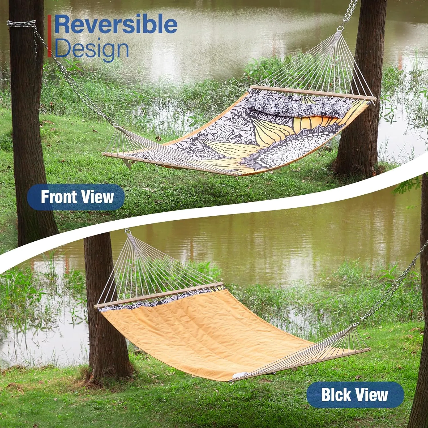 Backyard Expressions Reversible Quilted Hammock - Single or Double Hammock for Outdoor Relaxation with Matching Pillow, Flower