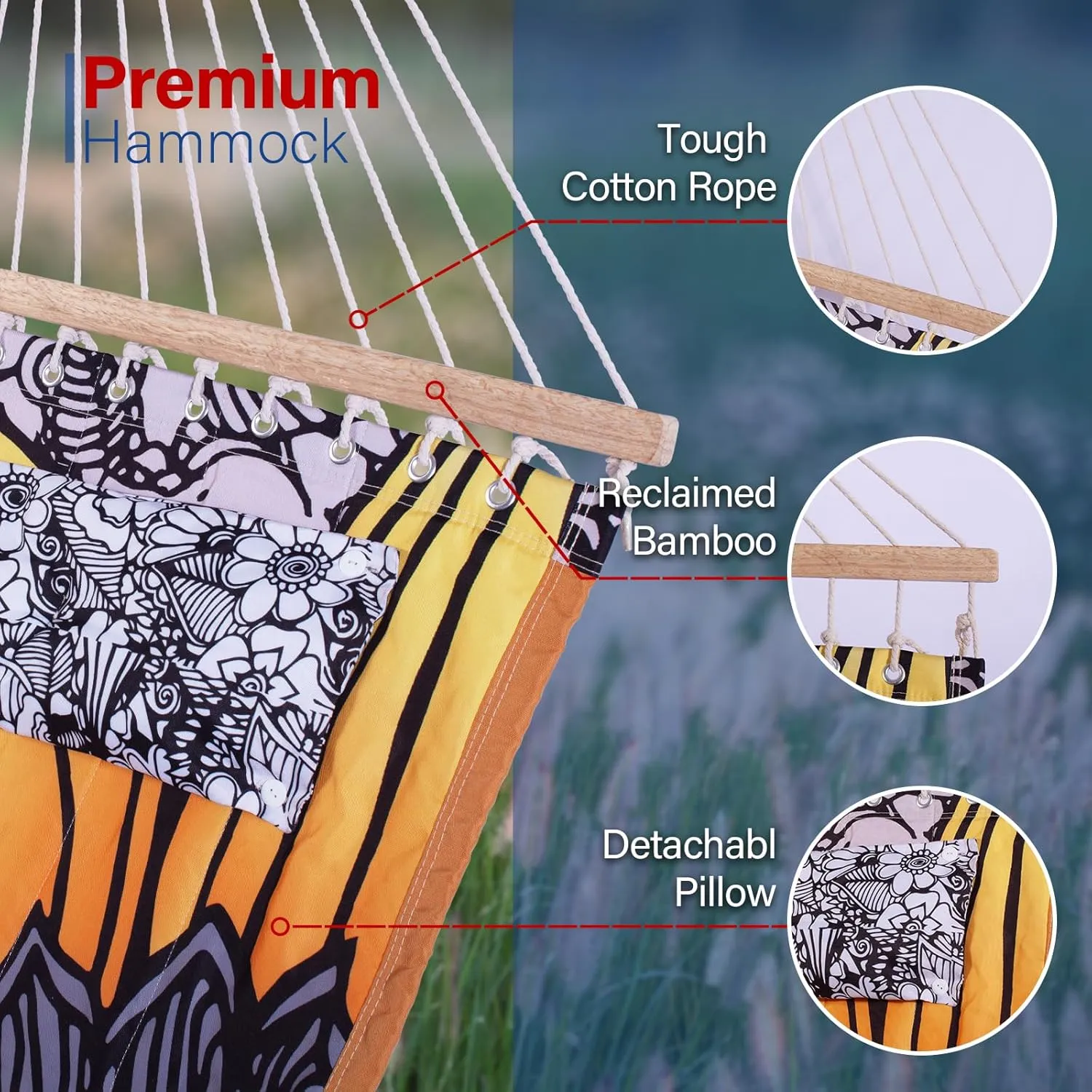 Backyard Expressions Reversible Quilted Hammock - Single or Double Hammock for Outdoor Relaxation with Matching Pillow, Flower