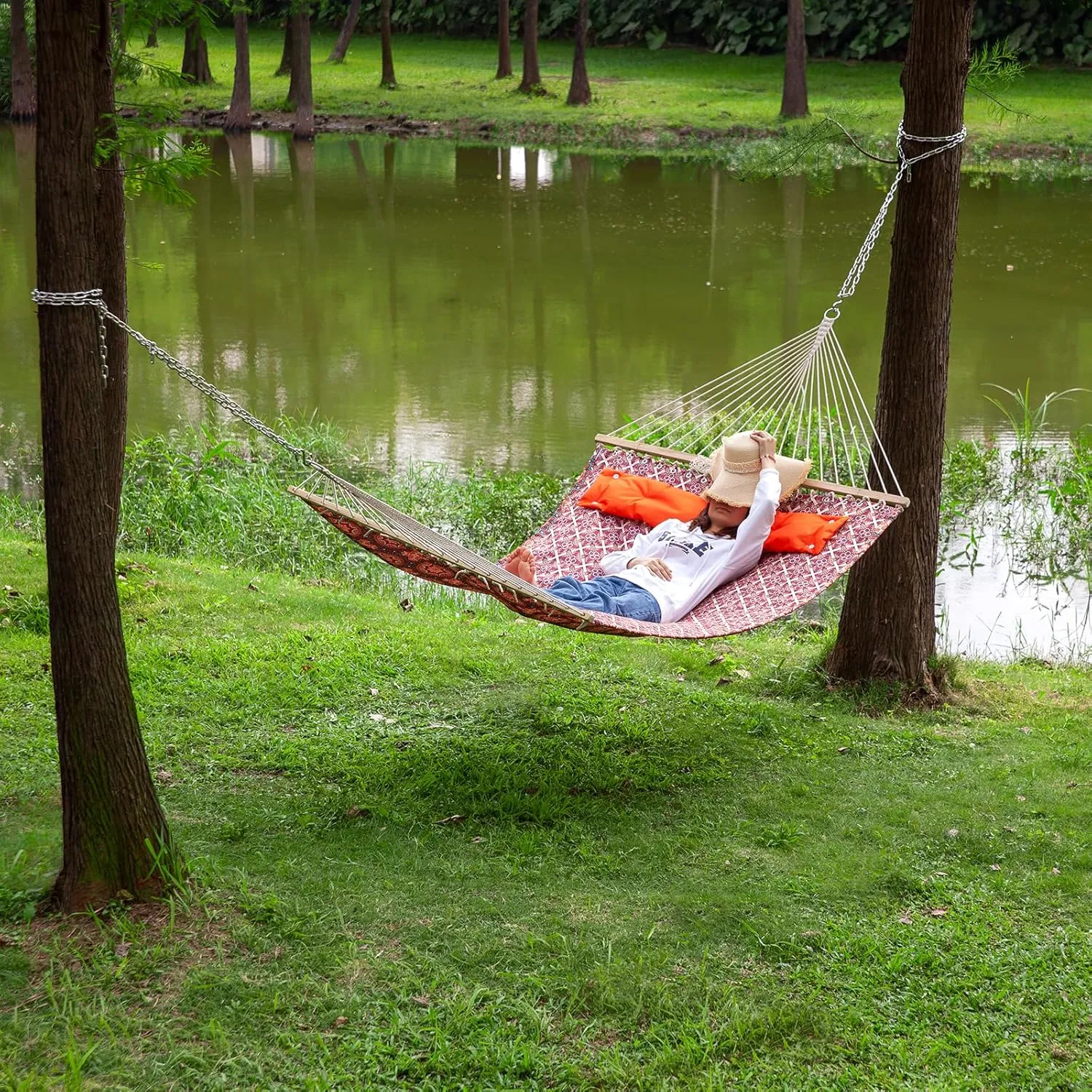 Backyard Expressions Reversible Quilted Hammock - Single or Double Hammock for Outdoor Relaxation with Matching Pillow