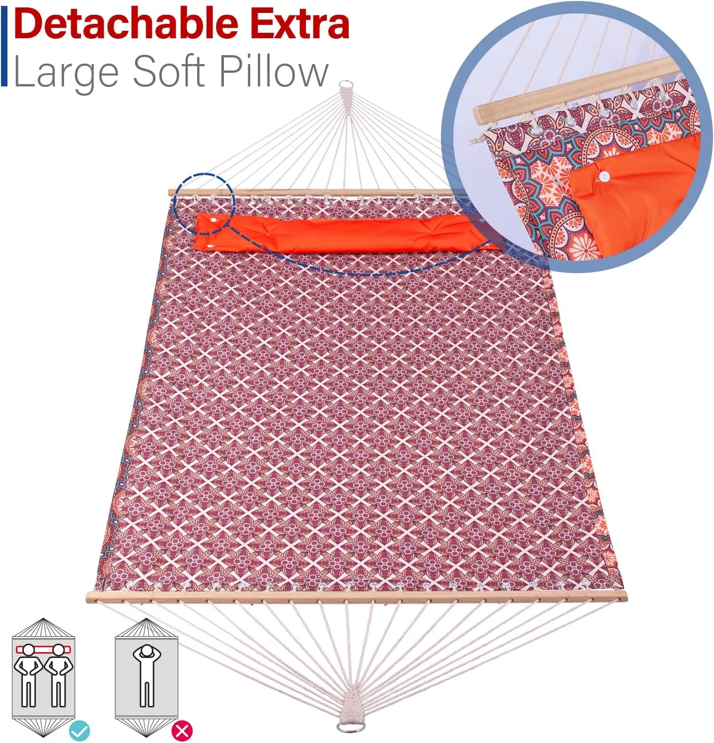 Backyard Expressions Reversible Quilted Hammock - Single or Double Hammock for Outdoor Relaxation with Matching Pillow