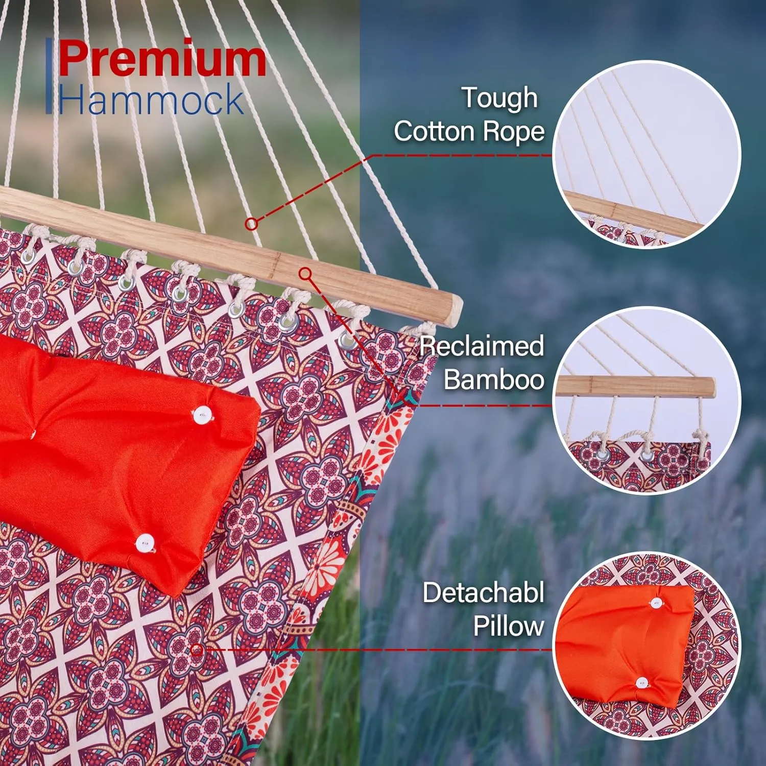 Backyard Expressions Reversible Quilted Hammock - Single or Double Hammock for Outdoor Relaxation with Matching Pillow