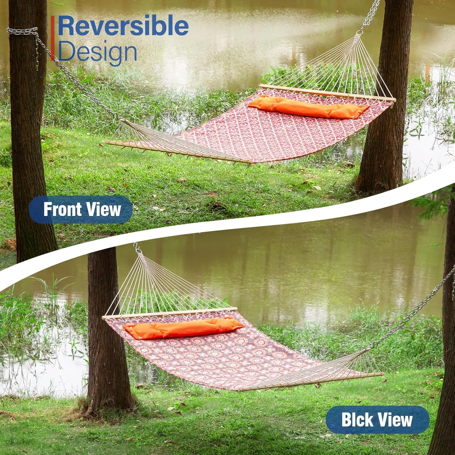 Backyard Expressions Reversible Quilted Hammock - Single or Double Hammock for Outdoor Relaxation with Matching Pillow