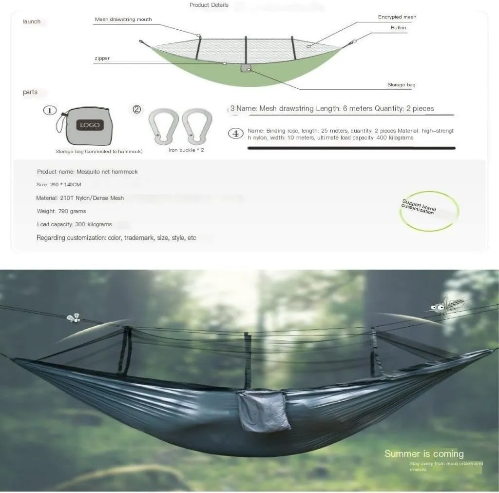 Backyard Patio Hammocks Outdoor Mosquito Net Hammock Anti-Mosquito Anti-Rollover Nylon Camping Outdoor Portable Swing Hammock Camping Essentials(Black)