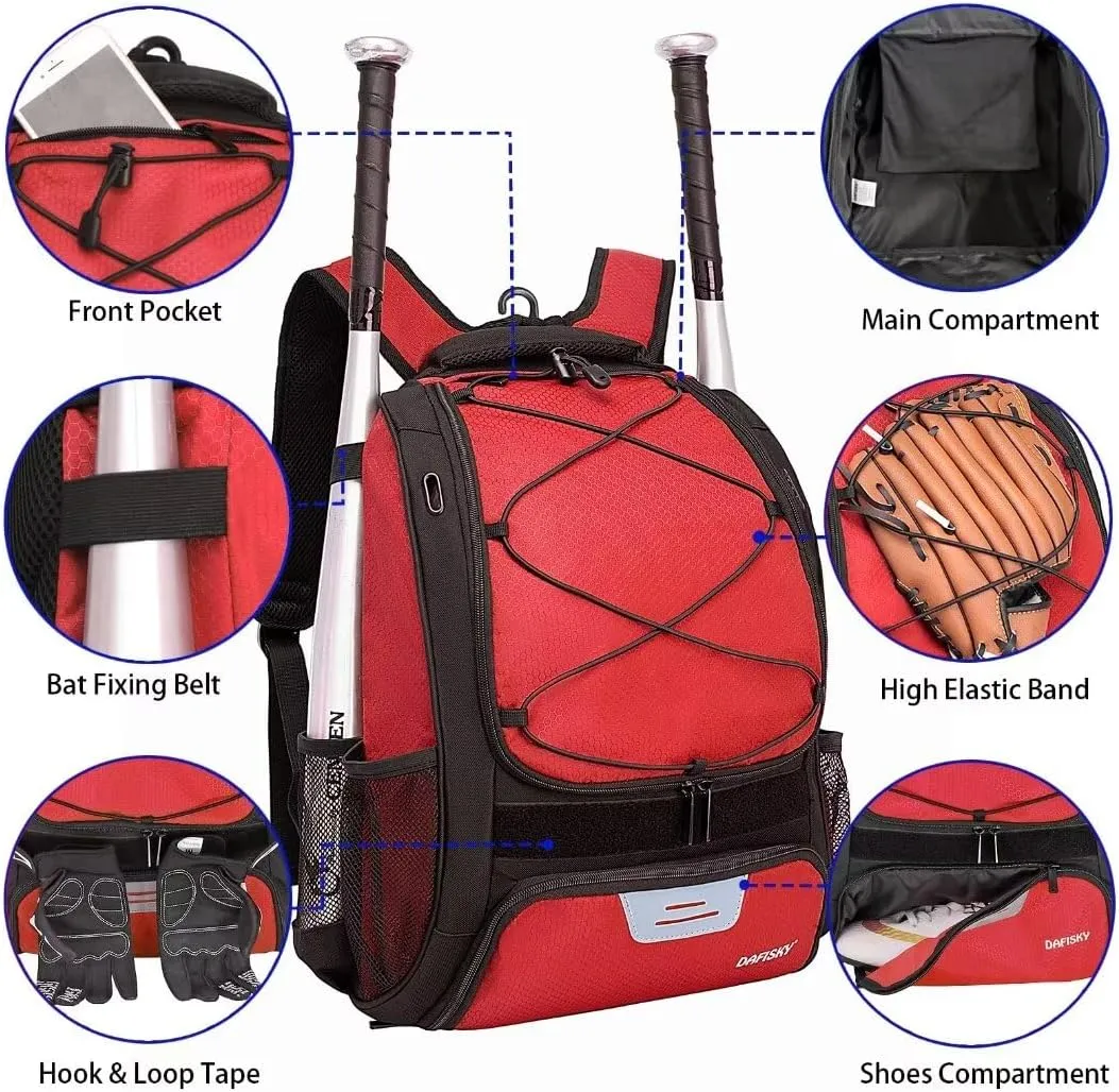 Baseball Bag Softball Backpack - Youth Adult T Ball Bat Equipment Bag with Bat Helmet Holders, Shoe Compartment