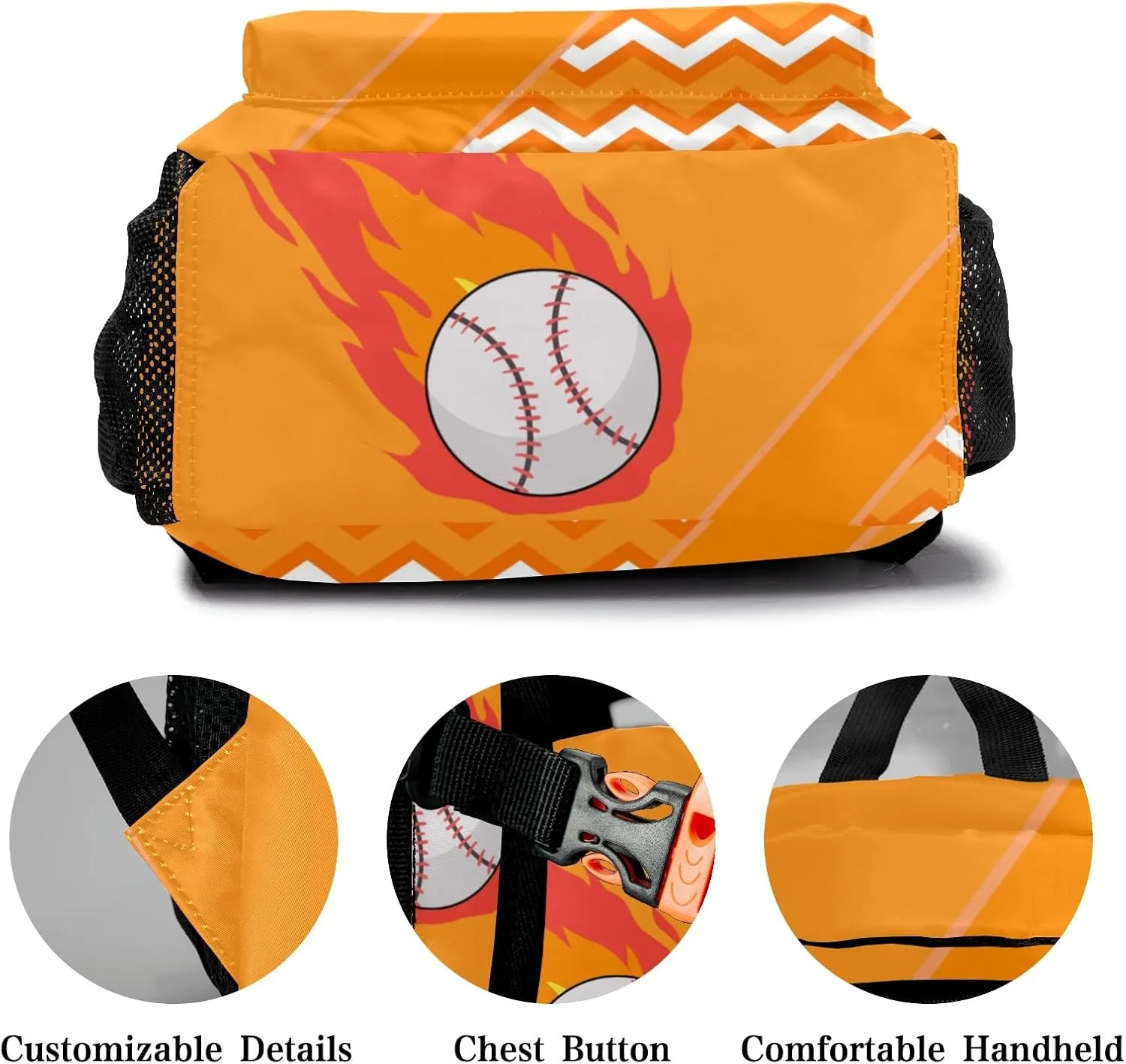 Baseball Fire Cool Excited Orange Kids Toddler Backpack Personalized School Bag with Chest Strap for Boys Girls Preschool Kindergarten Nursery Children Bag
