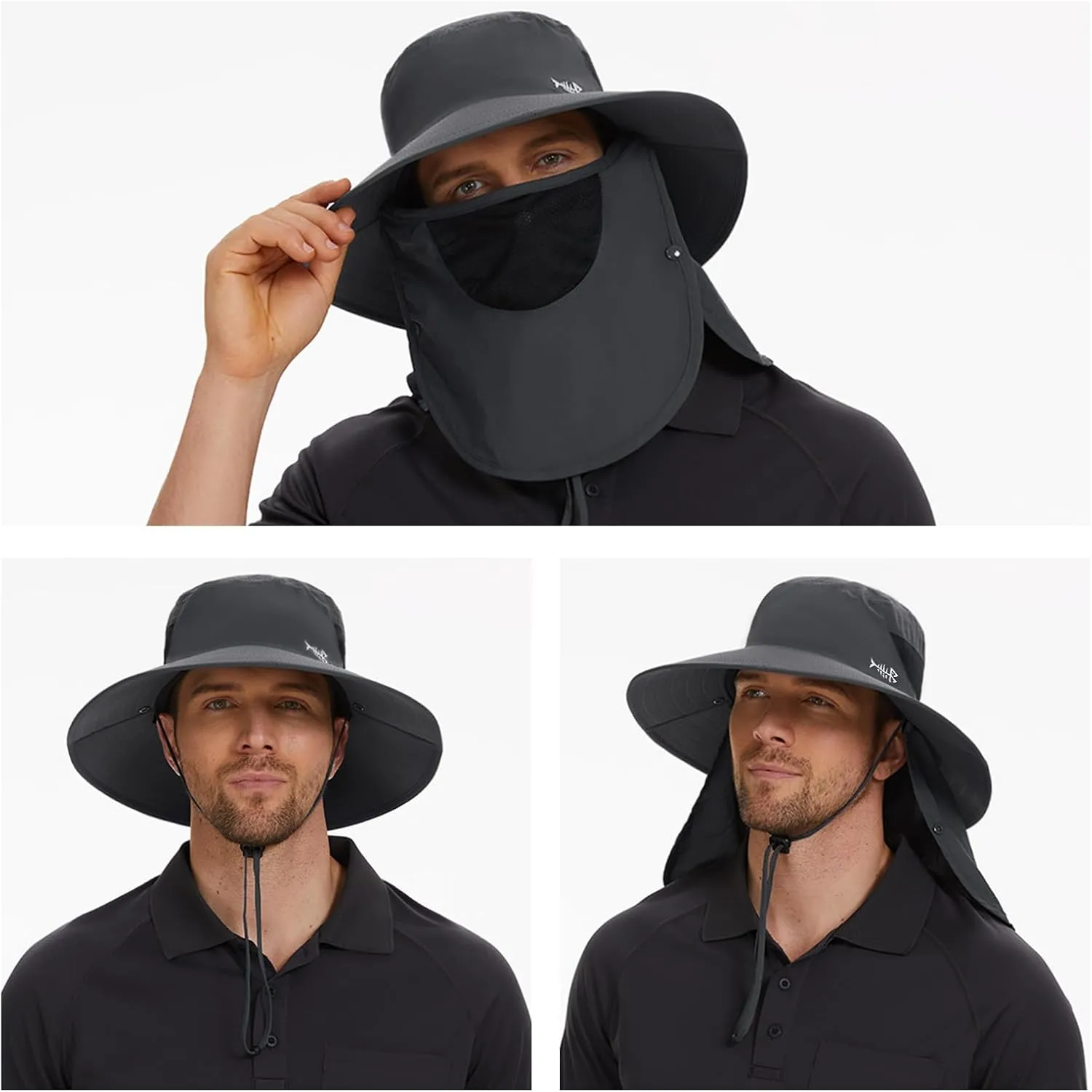 BASSDASH UPF 50  Breathable Sun Hat with Removable Face Cover and Neck Flap Wide Brim Bucket Hat for Fishing Hiking Men Women