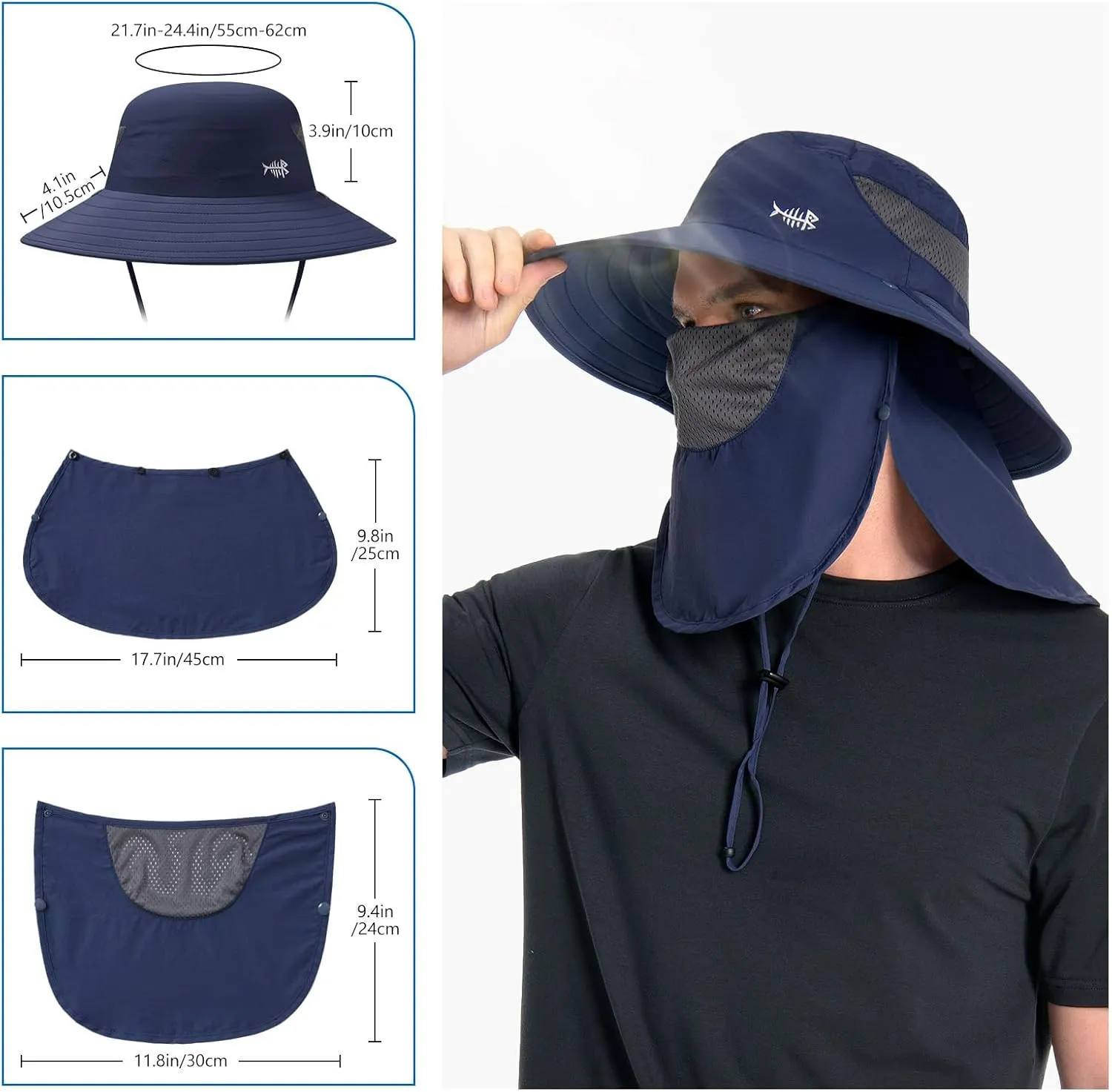BASSDASH UPF 50  Breathable Sun Hat with Removable Face Cover and Neck Flap Wide Brim Bucket Hat for Fishing Hiking Men Women