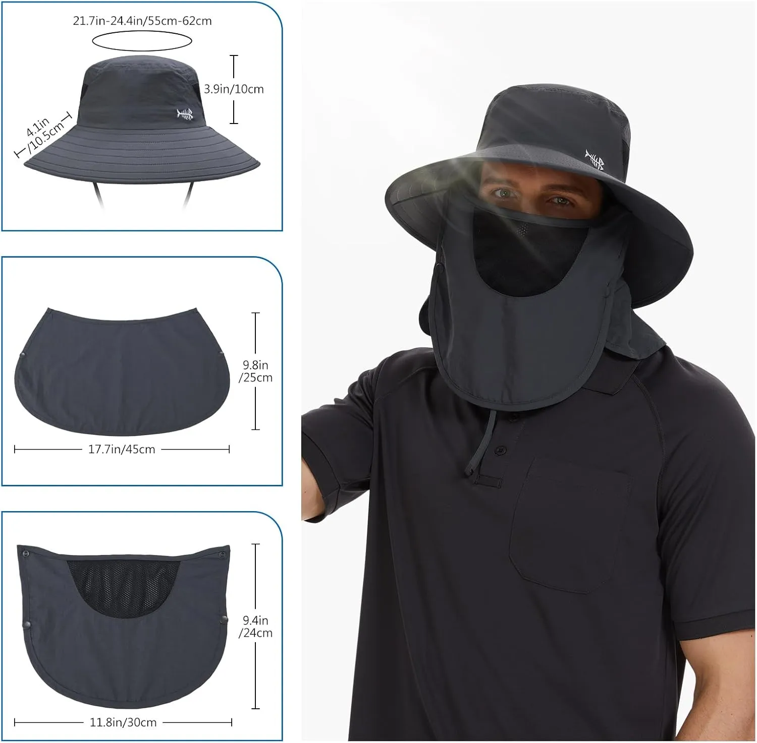 BASSDASH UPF 50  Breathable Sun Hat with Removable Face Cover and Neck Flap Wide Brim Bucket Hat for Fishing Hiking Men Women