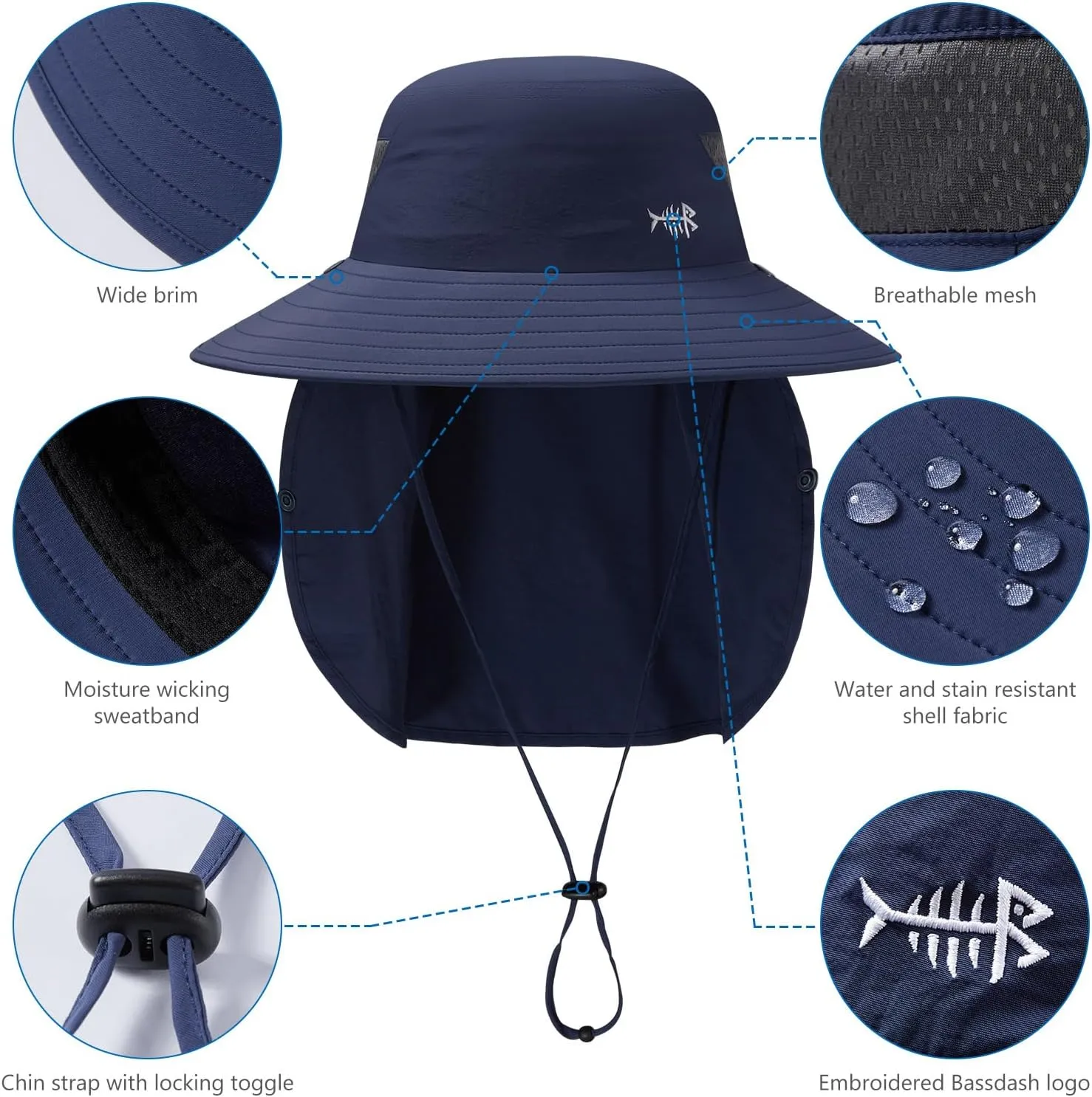 BASSDASH UPF 50  Breathable Sun Hat with Removable Face Cover and Neck Flap Wide Brim Bucket Hat for Fishing Hiking Men Women