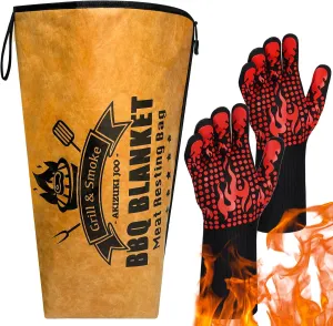 BBQ Blanket for Resting Meat, Insulated Meat Resting Bag with Fireproof Grill Gloves for BBQ Smoking, Reusable Wide Mouth Resting Blanket for Large Briskets/Turkeys/Pork Shoulders