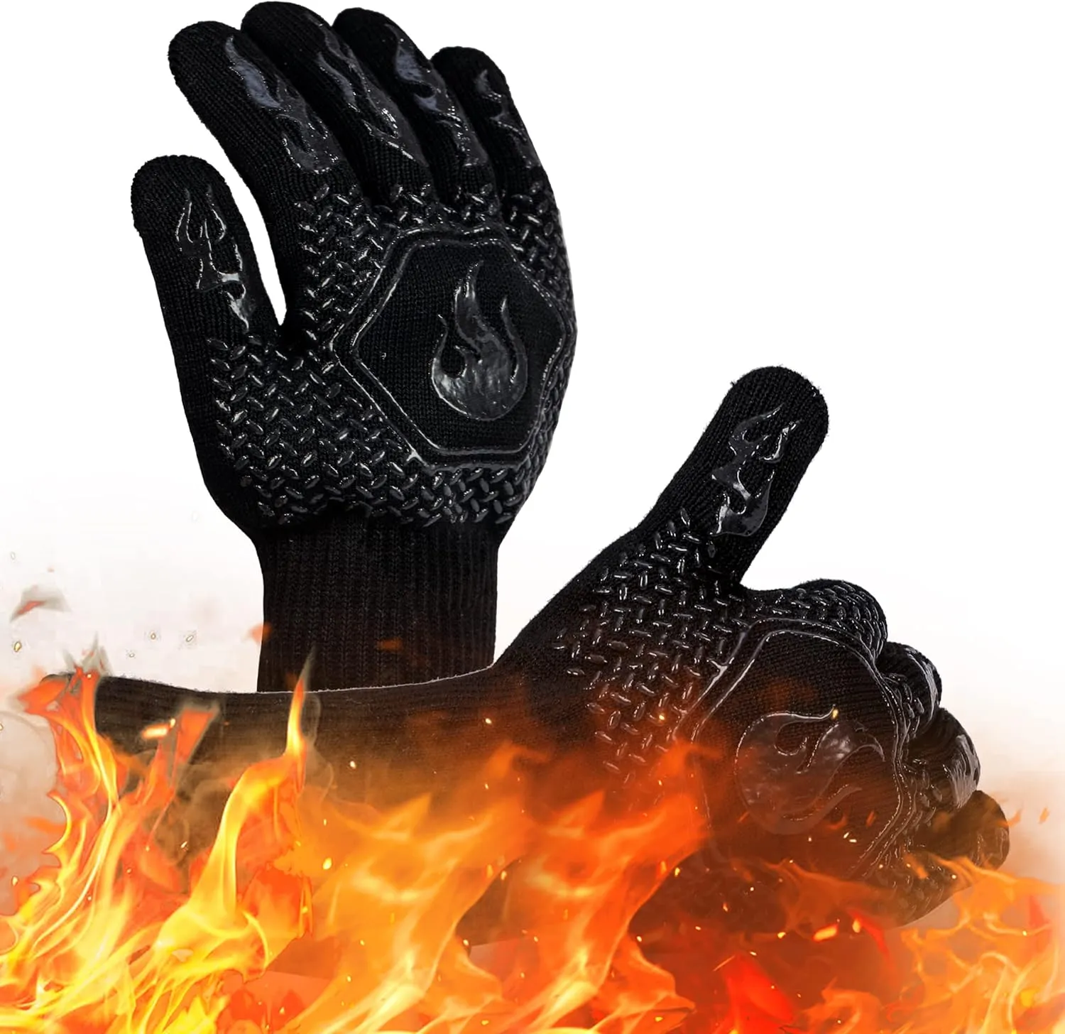 BBQ Fireproof Gloves, Grill Cut-Resistant Gloves 1472°F Heat Resistant Gloves, Non-Slip Silicone Oven Gloves, Kitchen Safe Cooking Gloves for Oven Mitts,Barbecue,Cooking, Frying, Black（2 Pairs）
