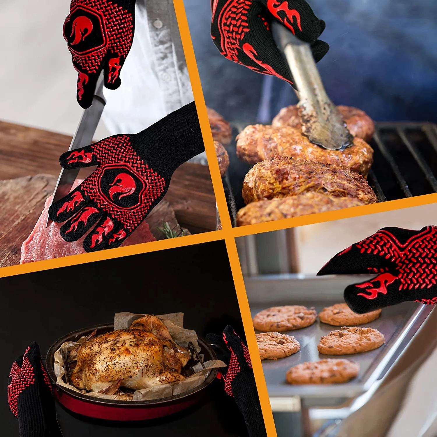 BBQ Fireproof Gloves, Grill Cut-Resistant Gloves 1472°F Heat Resistant Gloves, Non-Slip Silicone Oven Gloves, Kitchen Safe Cooking Gloves for Oven Mitts,Barbecue,Cooking, Frying,13.5 Inch-Red