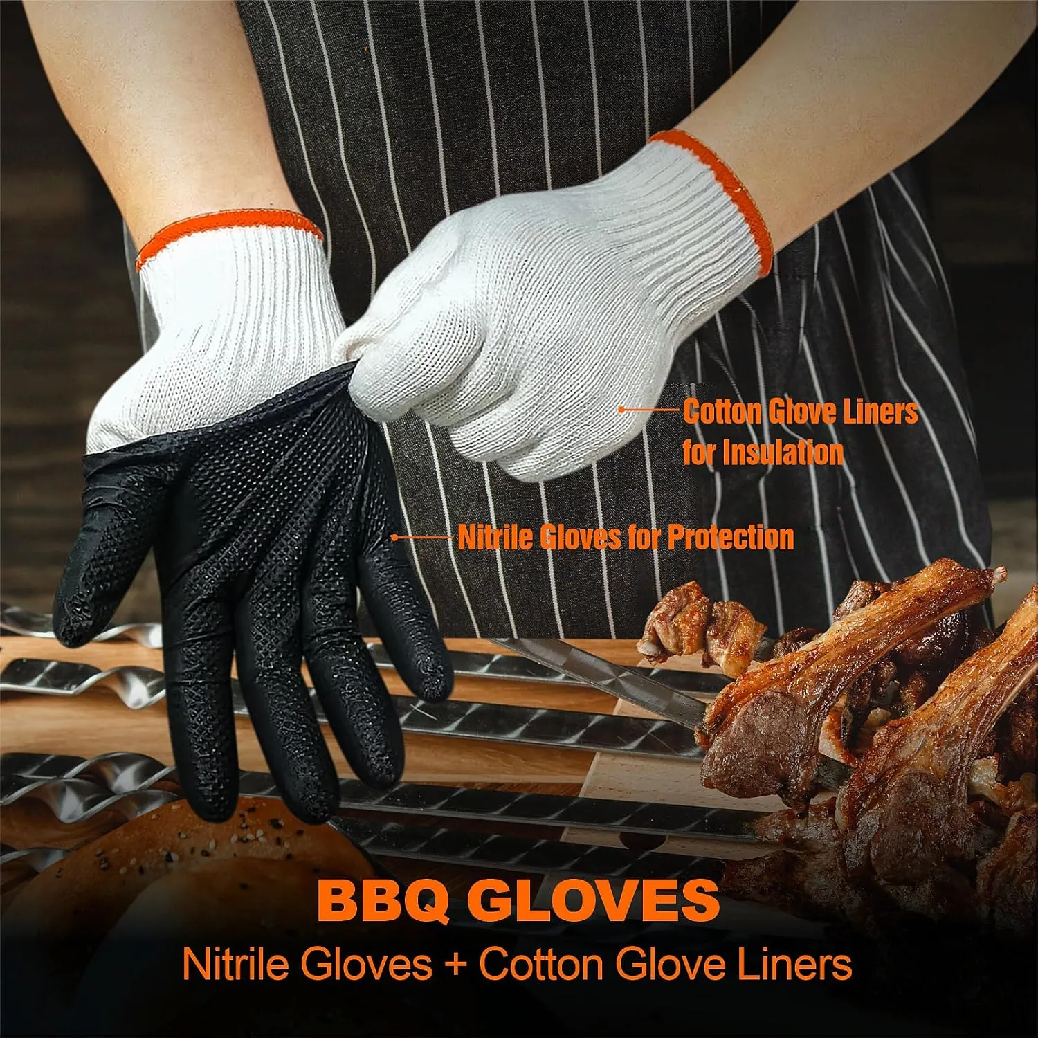 BBQ Gloves for Grilling Disposable Heat Resistant - 100 Nitrile Gloves   4 Reusable Cotton Liners for Barbecue Smoker, Cooking Hot Meat - 10Mil Thick, Non-Slip Grip - Black Large