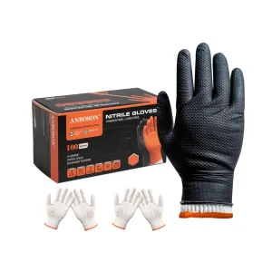 BBQ Gloves for Grilling Disposable Heat Resistant - 100 Nitrile Gloves   4 Reusable Cotton Liners for Barbecue Smoker, Cooking Hot Meat - 10Mil Thick, Non-Slip Grip - Black Large