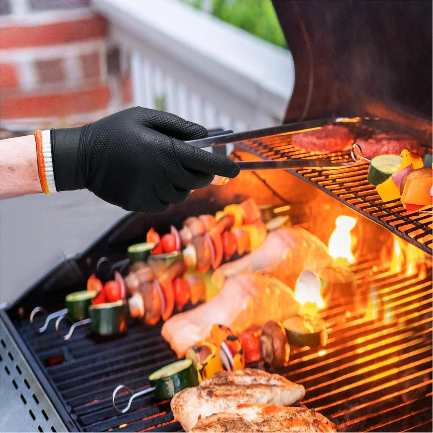 BBQ Gloves for Grilling Disposable Heat Resistant - 100 Nitrile Gloves   4 Reusable Cotton Liners for Barbecue Smoker, Cooking Hot Meat - 10Mil Thick, Non-Slip Grip - Black Large