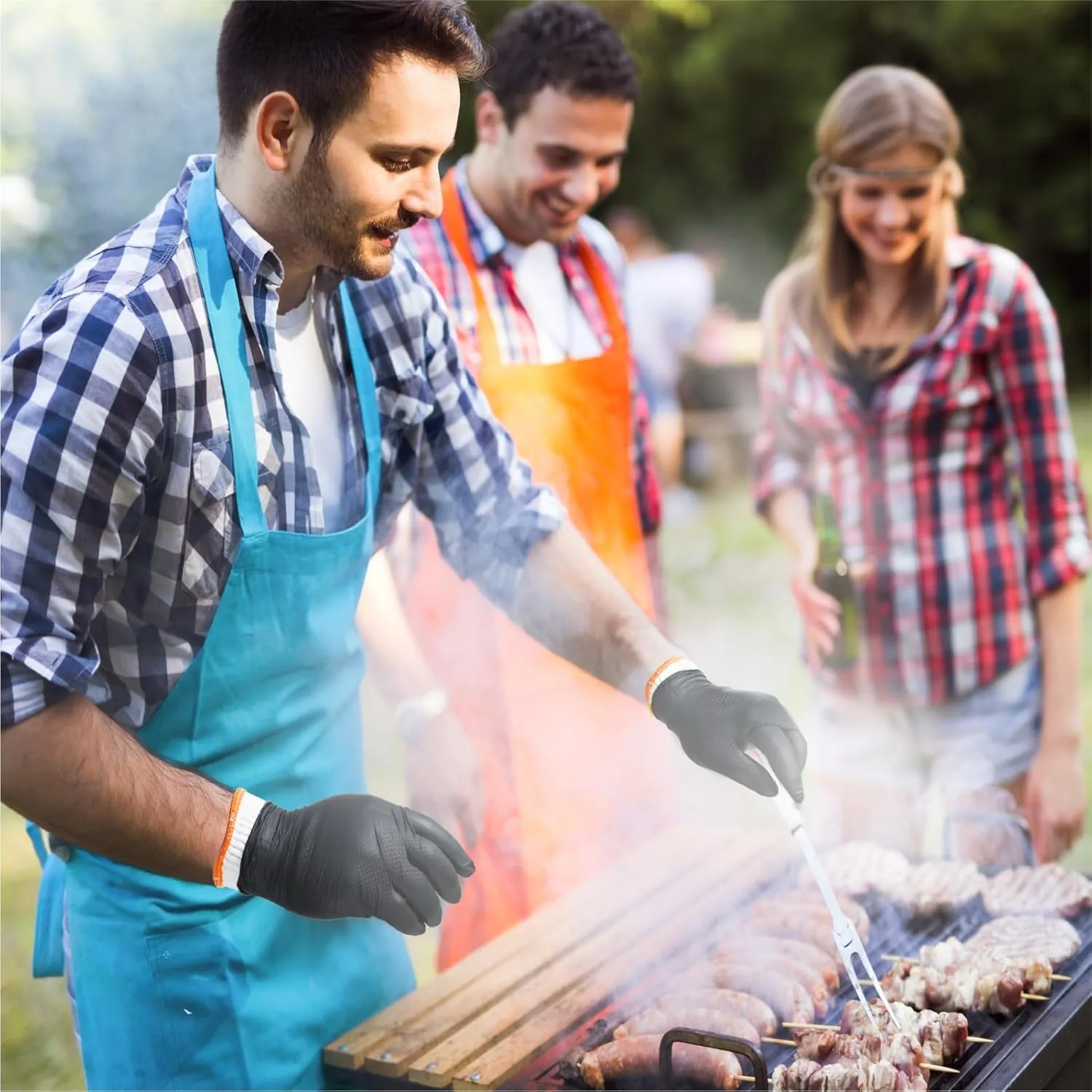 BBQ Gloves for Grilling Disposable Heat Resistant - 100 Nitrile Gloves   4 Reusable Cotton Liners for Barbecue Smoker, Cooking Hot Meat - 10Mil Thick, Non-Slip Grip - Black Large