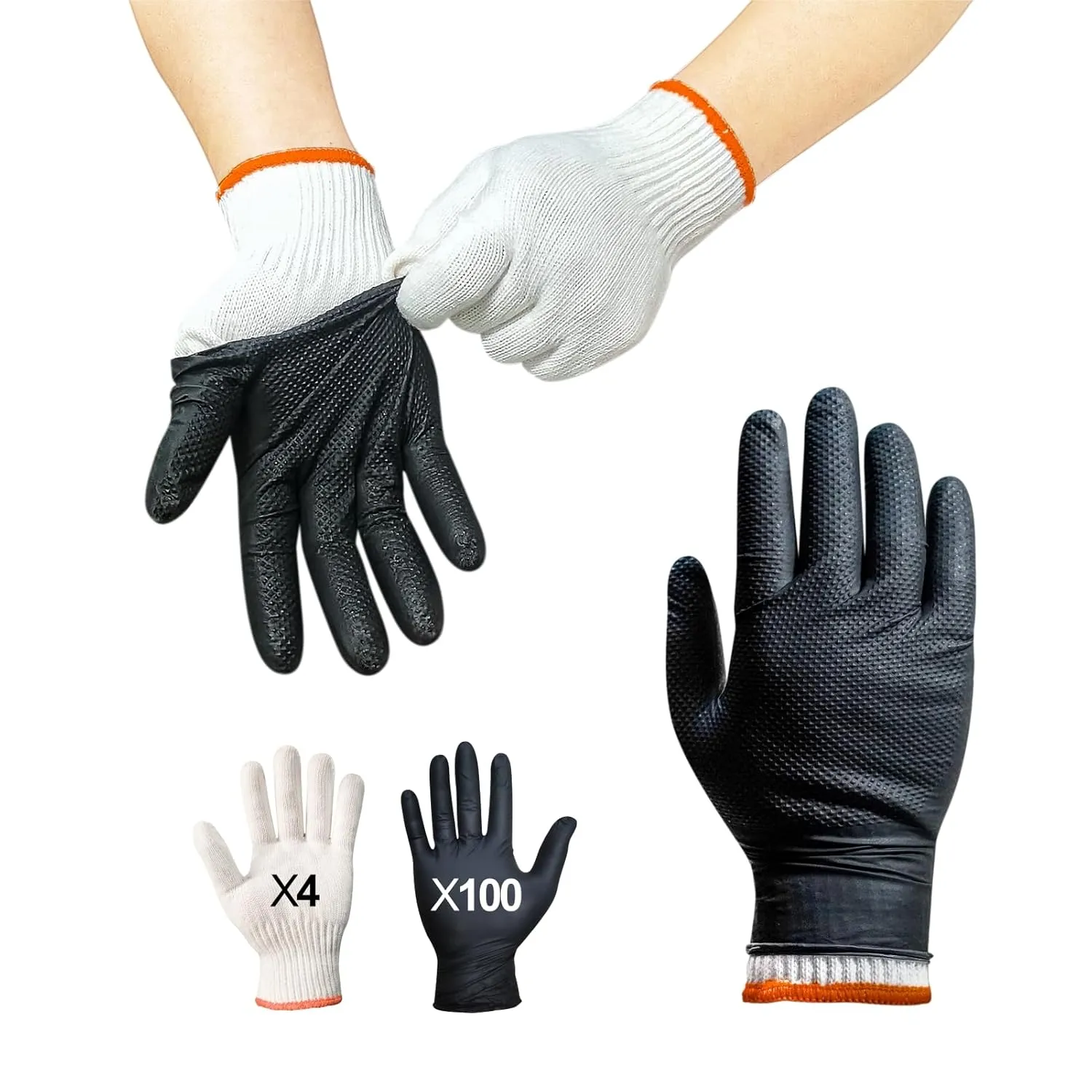 BBQ Gloves for Grilling Disposable Heat Resistant - 100 Nitrile Gloves   4 Reusable Cotton Liners for Barbecue Smoker, Cooking Hot Meat - 10Mil Thick, Non-Slip Grip - Black Large