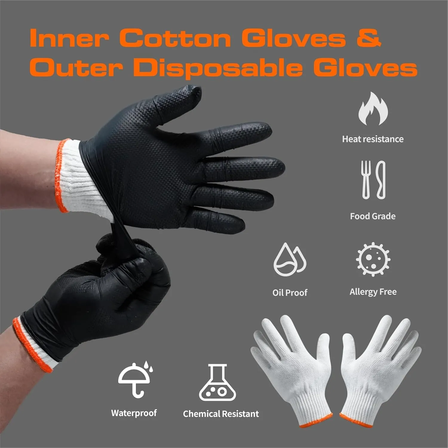 BBQ Gloves for Grilling Disposable Heat Resistant - 100 Nitrile Gloves   4 Reusable Cotton Liners for Barbecue Smoker, Cooking Hot Meat - 10Mil Thick, Non-Slip Grip - Black Large