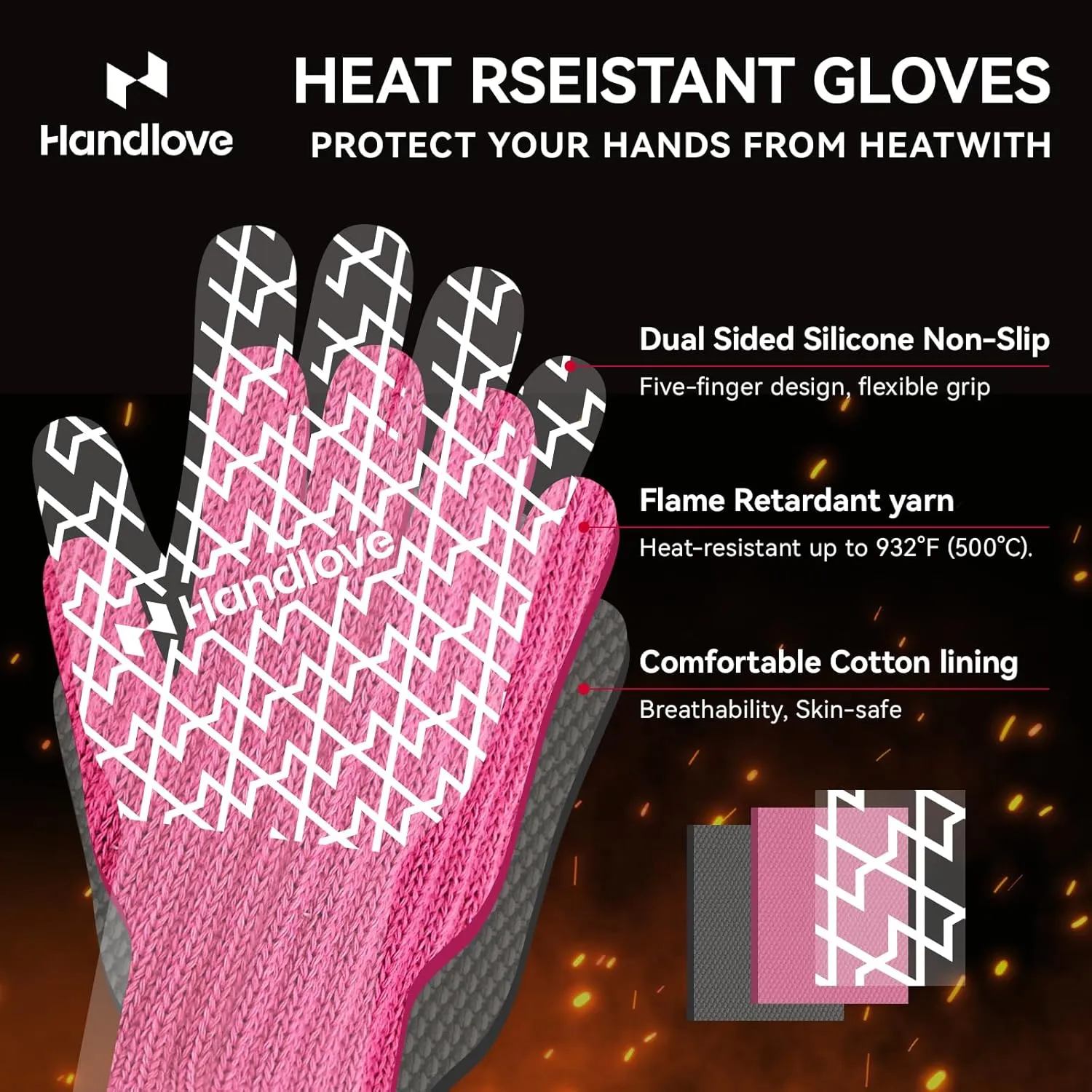 BBQ Gloves - Heat Resistant Grilling, Oven Gloves for Culinary Experts - Extreme Fireproof Protection, Silicone Grip, Long Cuff Mitts - Kitchen & Outdoor Barbecue, Cooking, Baking, Pink, L