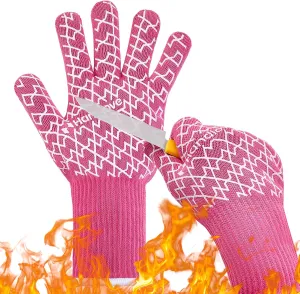BBQ Gloves - Heat Resistant Grilling, Oven Gloves for Culinary Experts - Extreme Fireproof Protection, Silicone Grip, Long Cuff Mitts - Kitchen & Outdoor Barbecue, Cooking, Baking, Pink, L