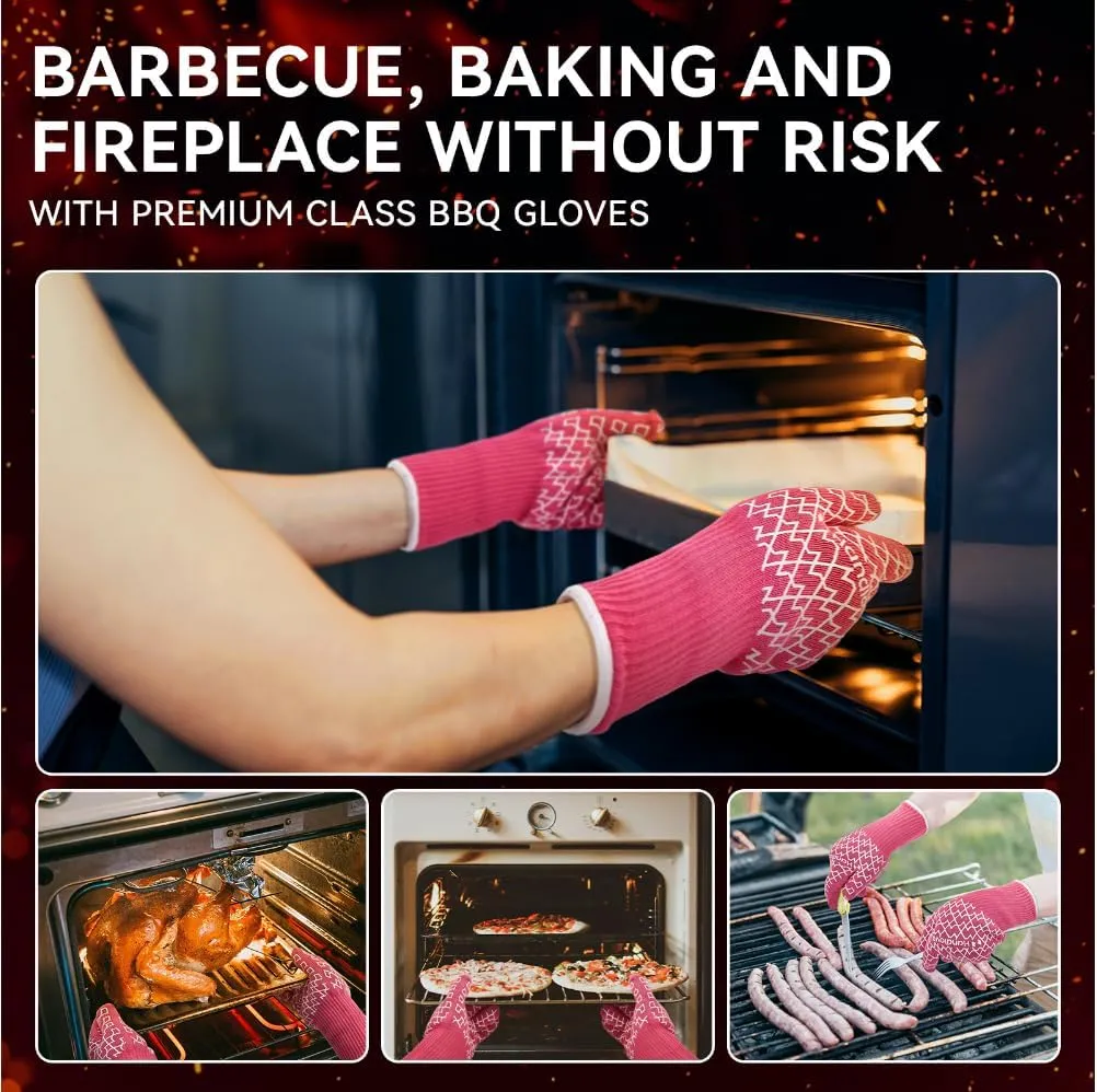BBQ Gloves - Heat Resistant Grilling, Oven Gloves for Culinary Experts - Extreme Fireproof Protection, Silicone Grip, Long Cuff Mitts - Kitchen & Outdoor Barbecue, Cooking, Baking, Pink, L