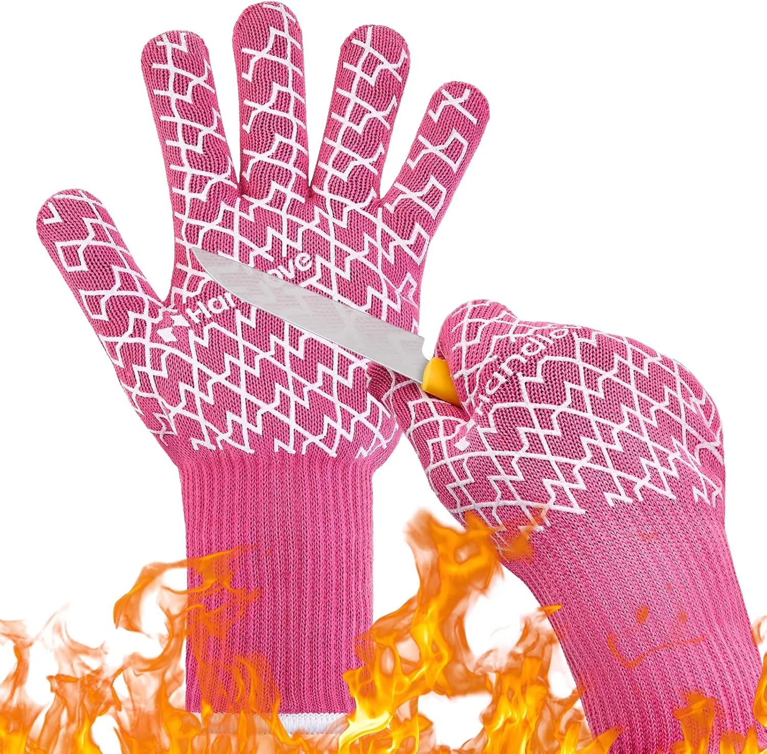 BBQ Gloves - Heat Resistant Grilling, Oven Gloves for Culinary Experts - Extreme Fireproof Protection, Silicone Grip, Long Cuff Mitts - Kitchen & Outdoor Barbecue, Cooking, Baking, Pink, L