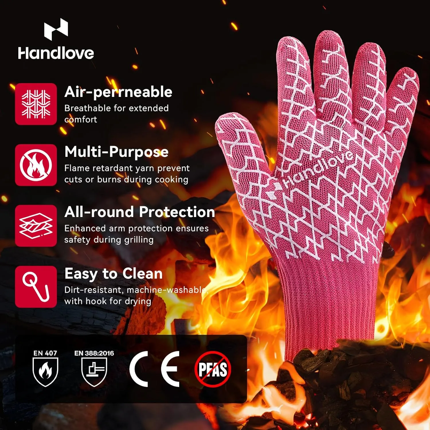 BBQ Gloves - Heat Resistant Grilling, Oven Gloves for Culinary Experts - Extreme Fireproof Protection, Silicone Grip, Long Cuff Mitts - Kitchen & Outdoor Barbecue, Cooking, Baking, Pink, L