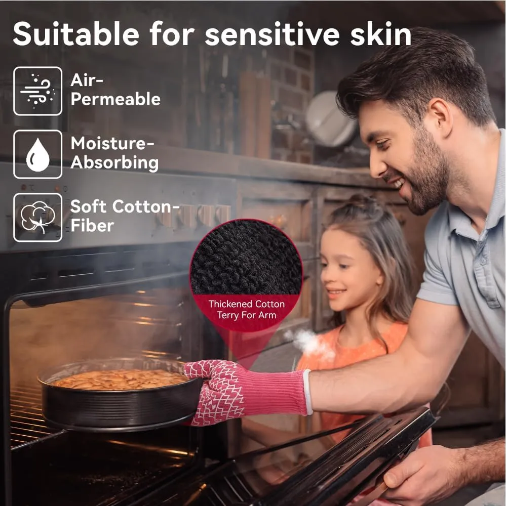 BBQ Gloves - Heat Resistant Grilling, Oven Gloves for Culinary Experts - Extreme Fireproof Protection, Silicone Grip, Long Cuff Mitts - Kitchen & Outdoor Barbecue, Cooking, Baking, Pink, L