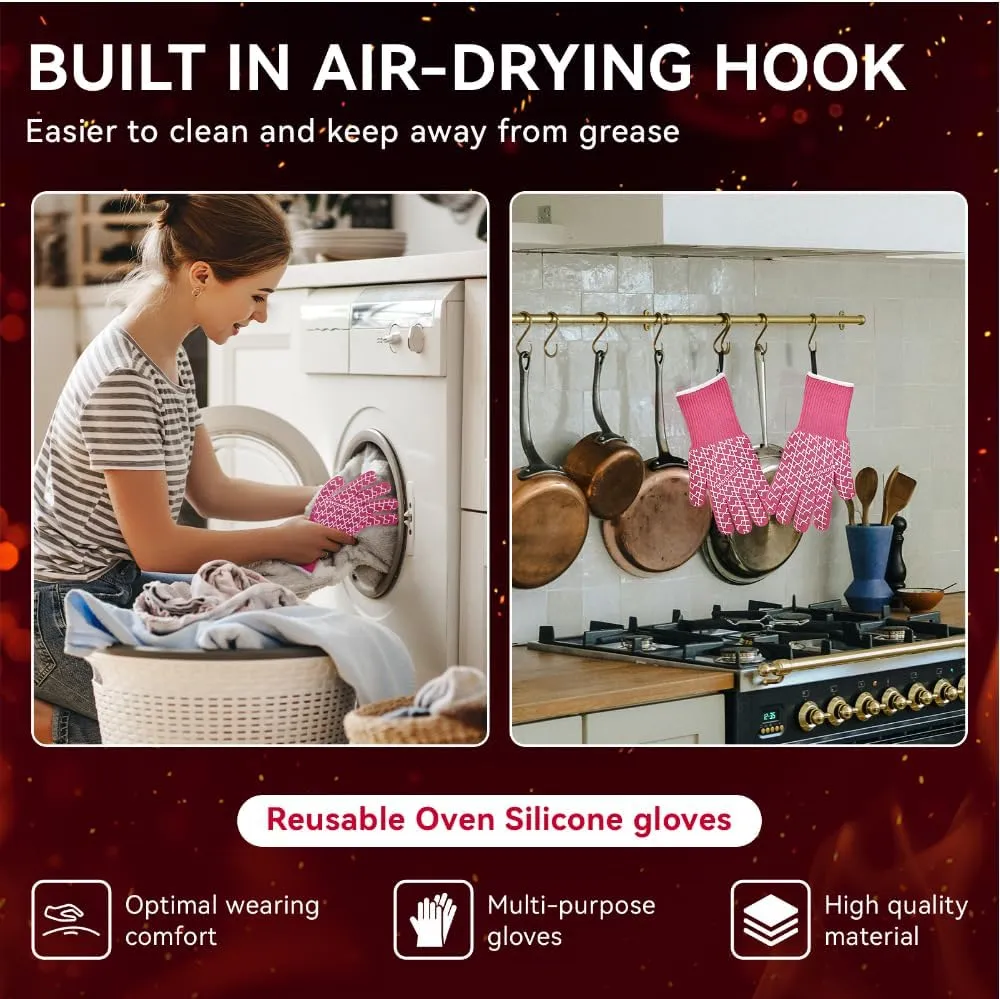 BBQ Gloves - Heat Resistant Grilling, Oven Gloves for Culinary Experts - Extreme Fireproof Protection, Silicone Grip, Long Cuff Mitts - Kitchen & Outdoor Barbecue, Cooking, Baking, Pink, L