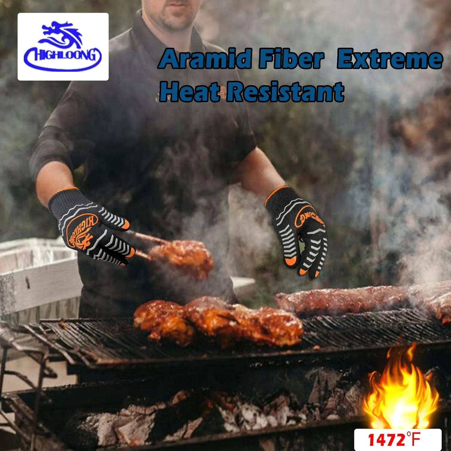 BBQ Gloves, Oven Gloves 1472℉ Heat Resistant Gloves for Grilling, Kitchen Gloves for BBQ, Grilling, Cooking, Baking-1 Pair