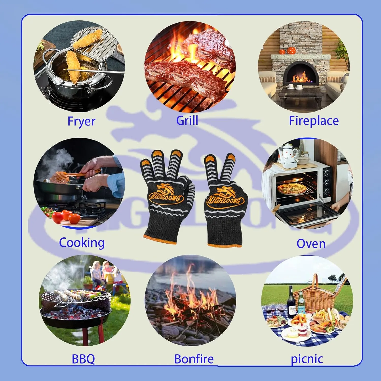 BBQ Gloves, Oven Gloves 1472℉ Heat Resistant Gloves for Grilling, Kitchen Gloves for BBQ, Grilling, Cooking, Baking-1 Pair
