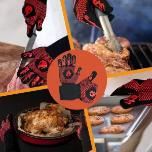 BBQ Grill Gloves Heat Resistant 1472℉ High Temp Resistance Fireproof Glove for Grilling Smoking Barbecue Washable Long Oven Extreme Hot Proof Mittens for Kitchen Baking (Red)