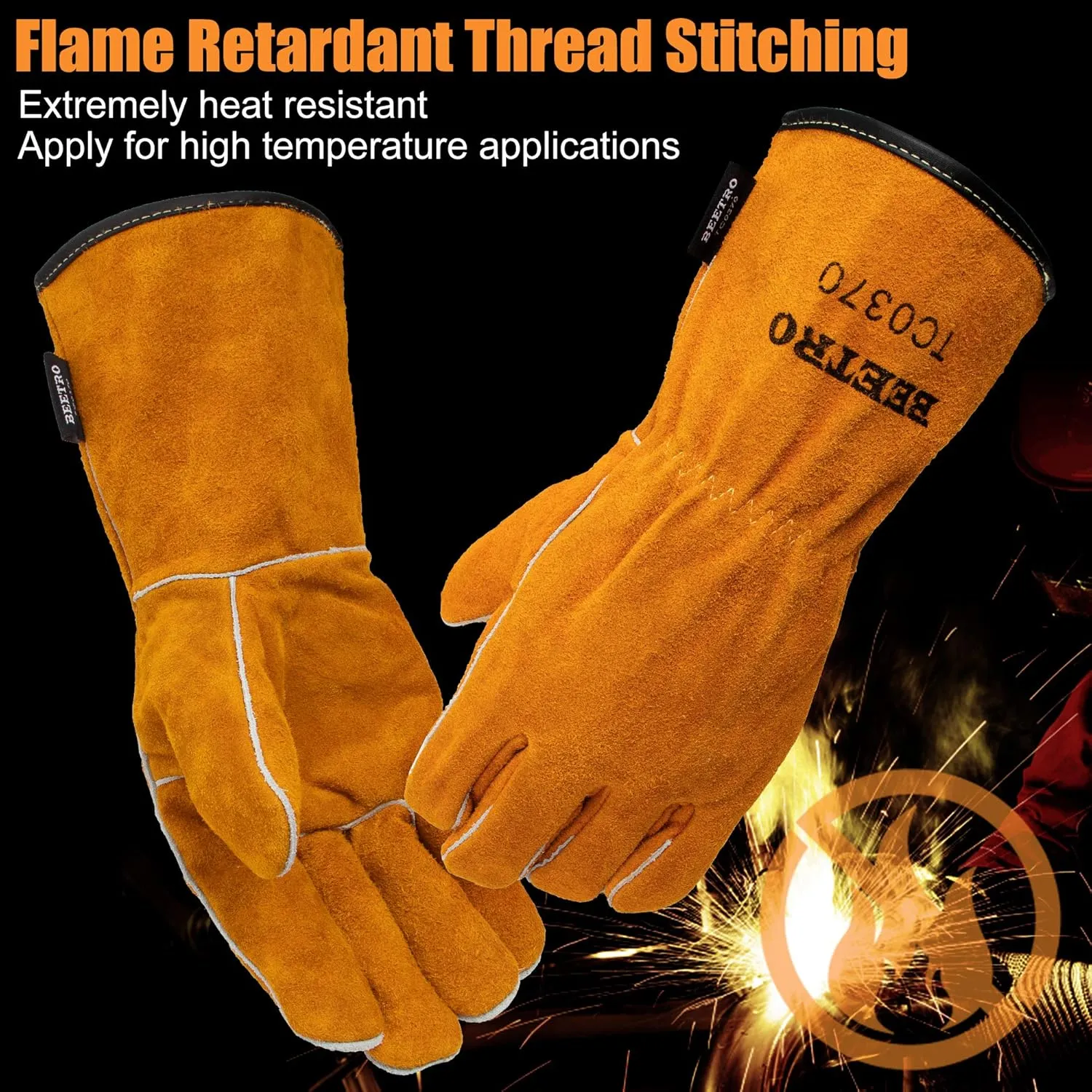 BEETRO Welding Gloves 2 Pairs Cow Leather Forge/Mig/Stick/Tig Welder Heat/Fire Resistant, Mitts for Oven/Grill/Fireplace/Furnace/Stove/Pot Holder/Wood Burner/Animal handling glove with Soft Lining
