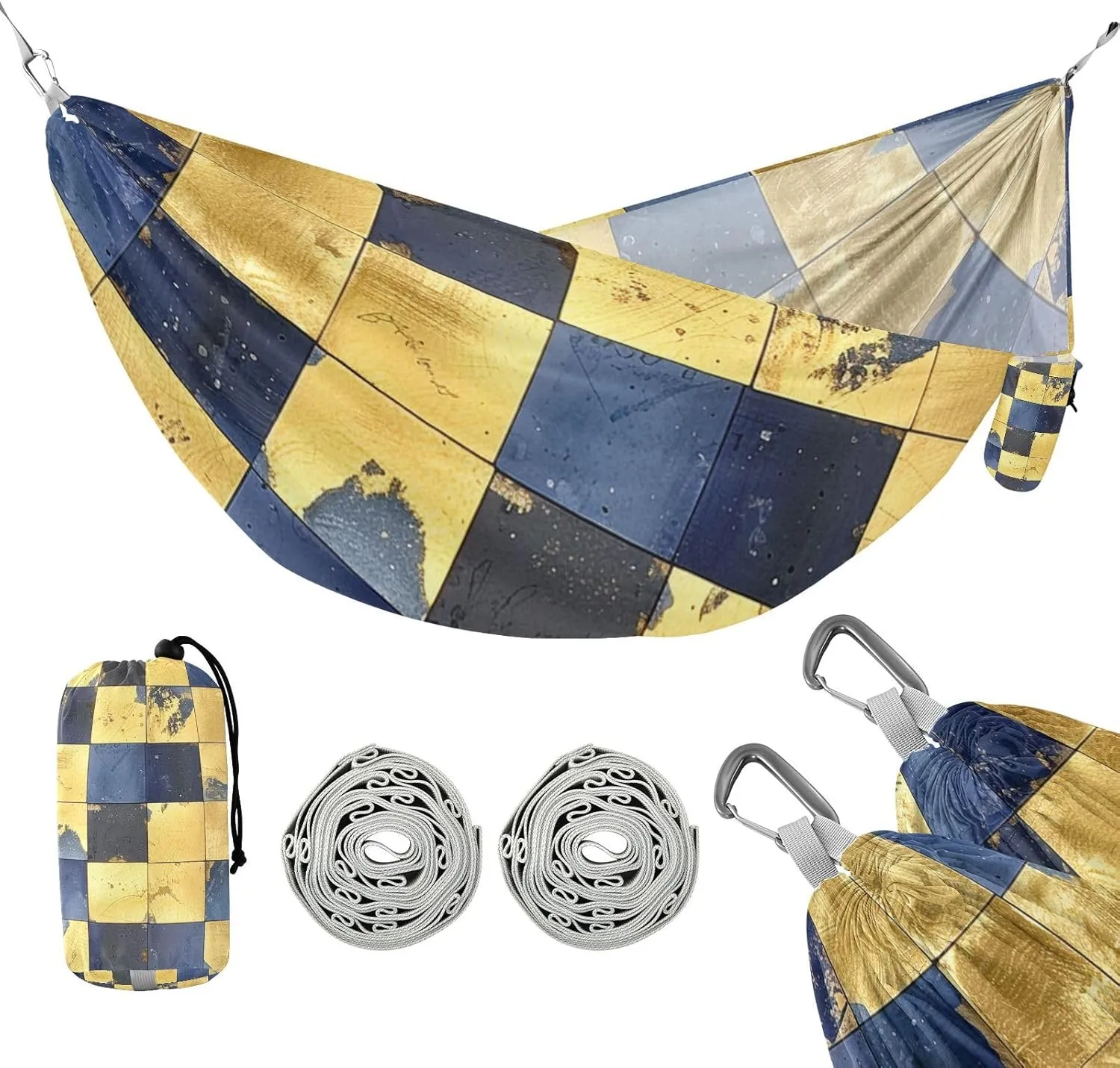 Blue and Gold Checkered Pattern 330lb Capacity Outdoor Hammocks Tree Hammock for Outside Camping Essentials Silla colgante para Patio Exterior