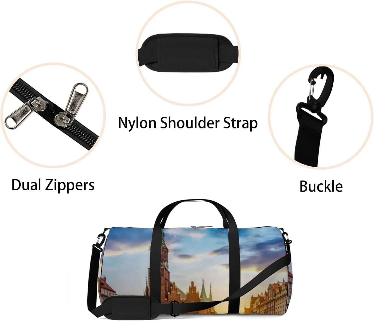 Blue Wroclaw Central Market Sports Bag Tote Bag Waterproof Gym Bag with Shoulder Strap Zipper 2 Side Pockets for Men and Women, Travel and Storage Shoulder Bag.