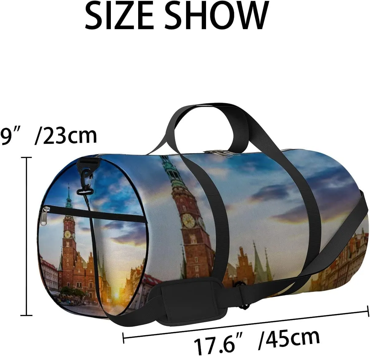 Blue Wroclaw Central Market Sports Bag Tote Bag Waterproof Gym Bag with Shoulder Strap Zipper 2 Side Pockets for Men and Women, Travel and Storage Shoulder Bag.