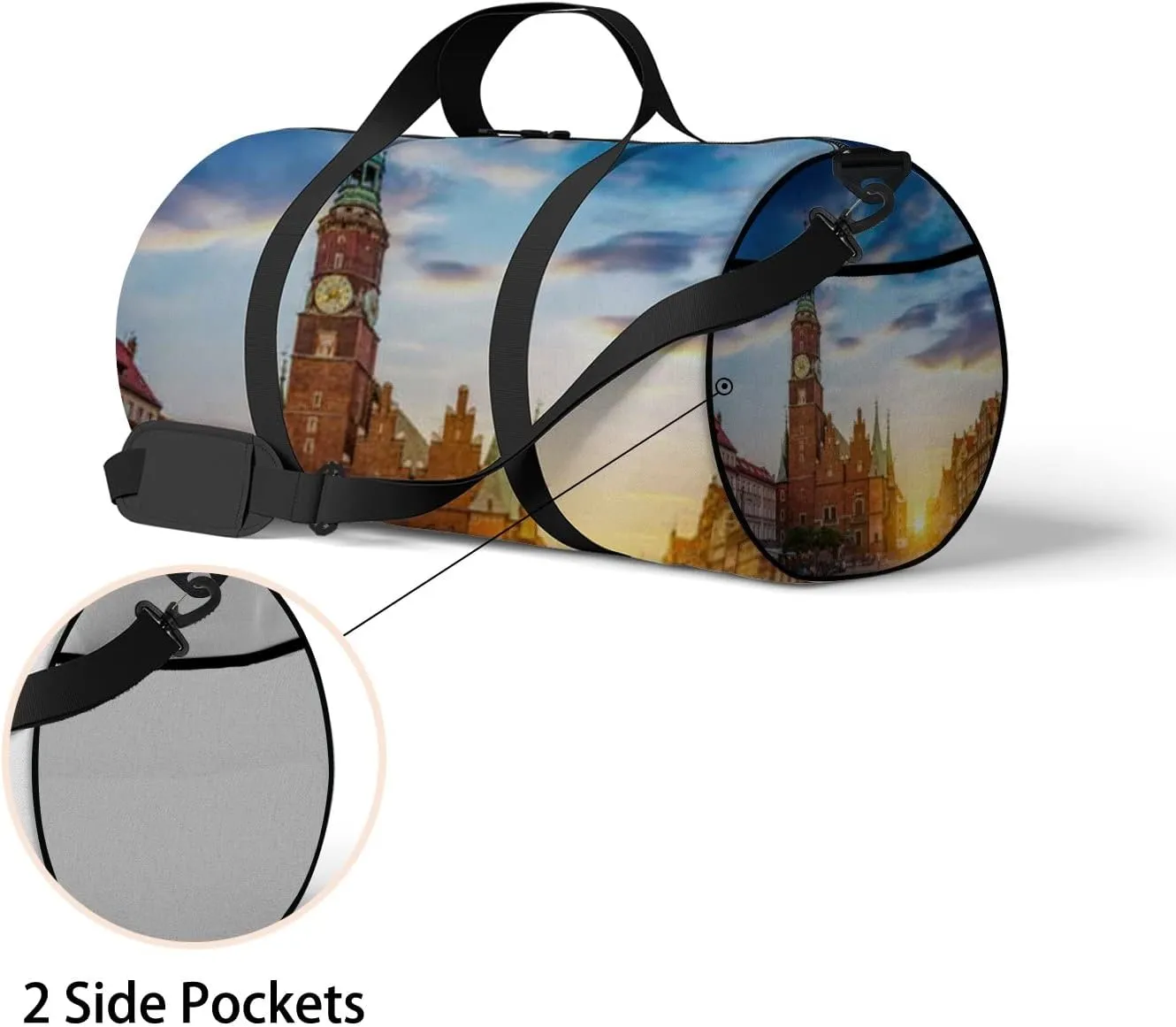 Blue Wroclaw Central Market Sports Bag Tote Bag Waterproof Gym Bag with Shoulder Strap Zipper 2 Side Pockets for Men and Women, Travel and Storage Shoulder Bag.