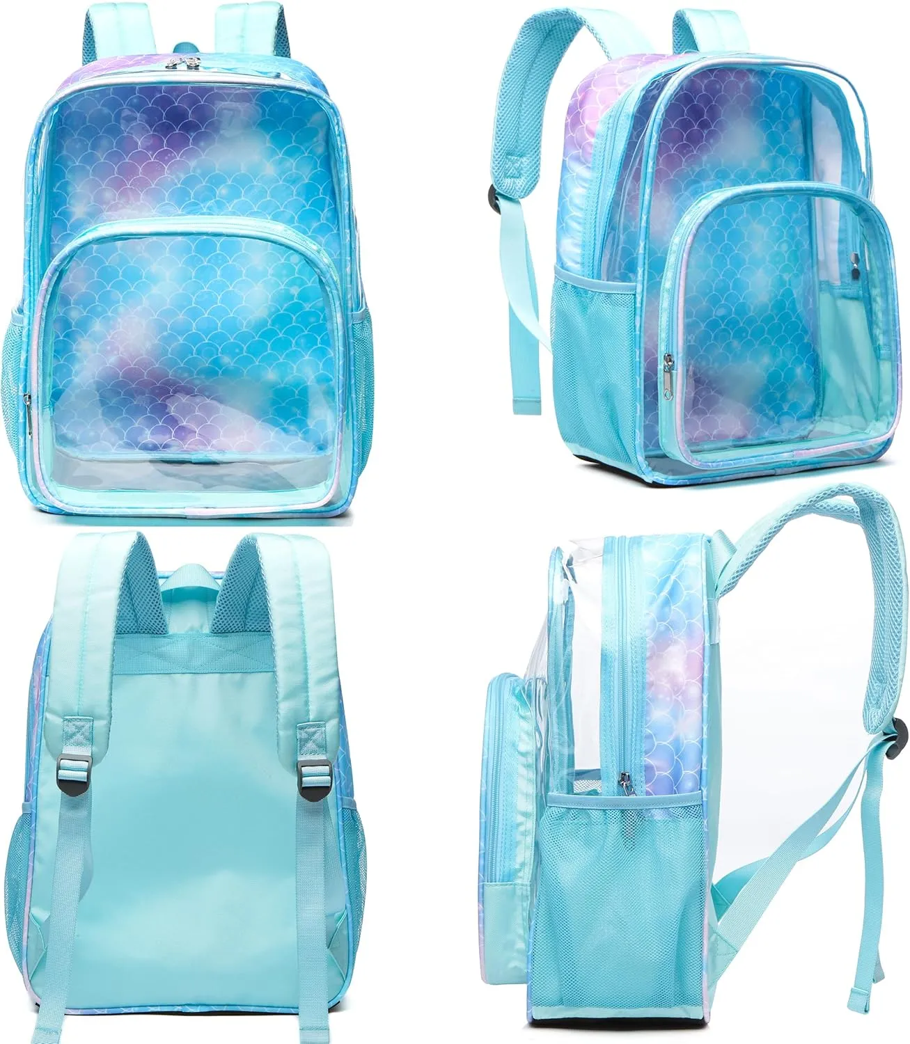 BLUEFAIRY Clear Backpack for School Stadium Approved Large PVC See Through Bag Heavy Duty Bookbag Transparent Plastic Bag for Kids Students Work Events 17" Mermaid Blue