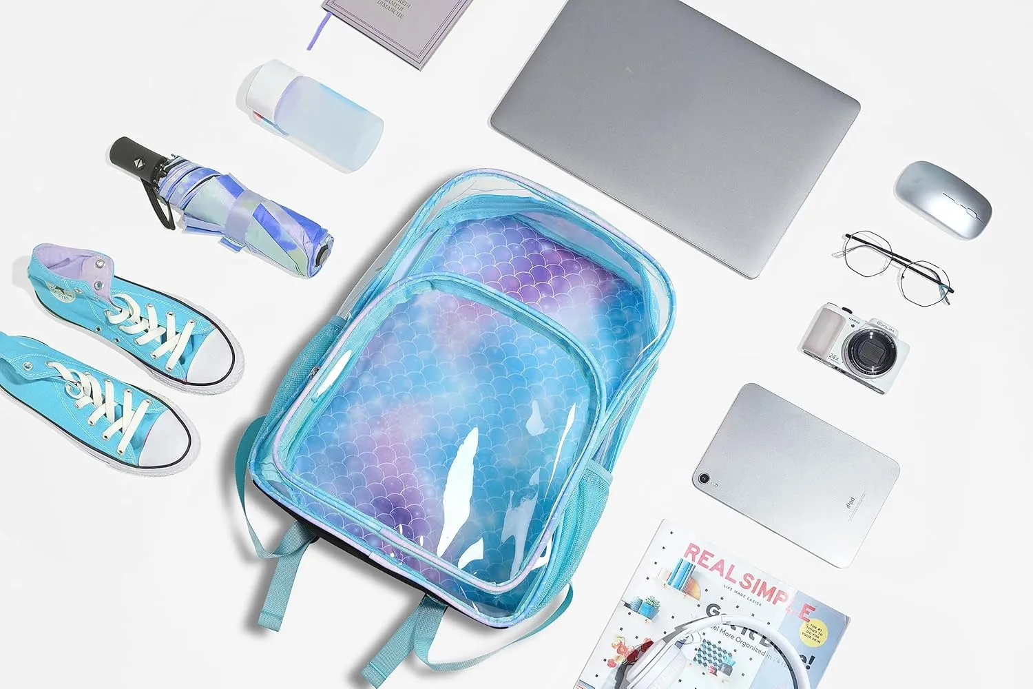 BLUEFAIRY Clear Backpack for School Stadium Approved Large PVC See Through Bag Heavy Duty Bookbag Transparent Plastic Bag for Kids Students Work Events 17" Mermaid Blue