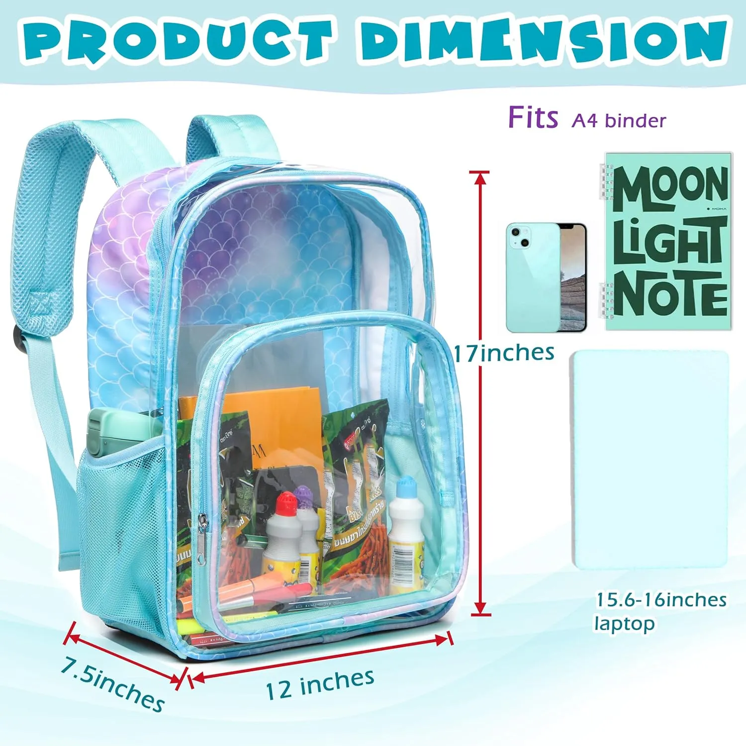 BLUEFAIRY Clear Backpack for School Stadium Approved Large PVC See Through Bag Heavy Duty Bookbag Transparent Plastic Bag for Kids Students Work Events 17" Mermaid Blue