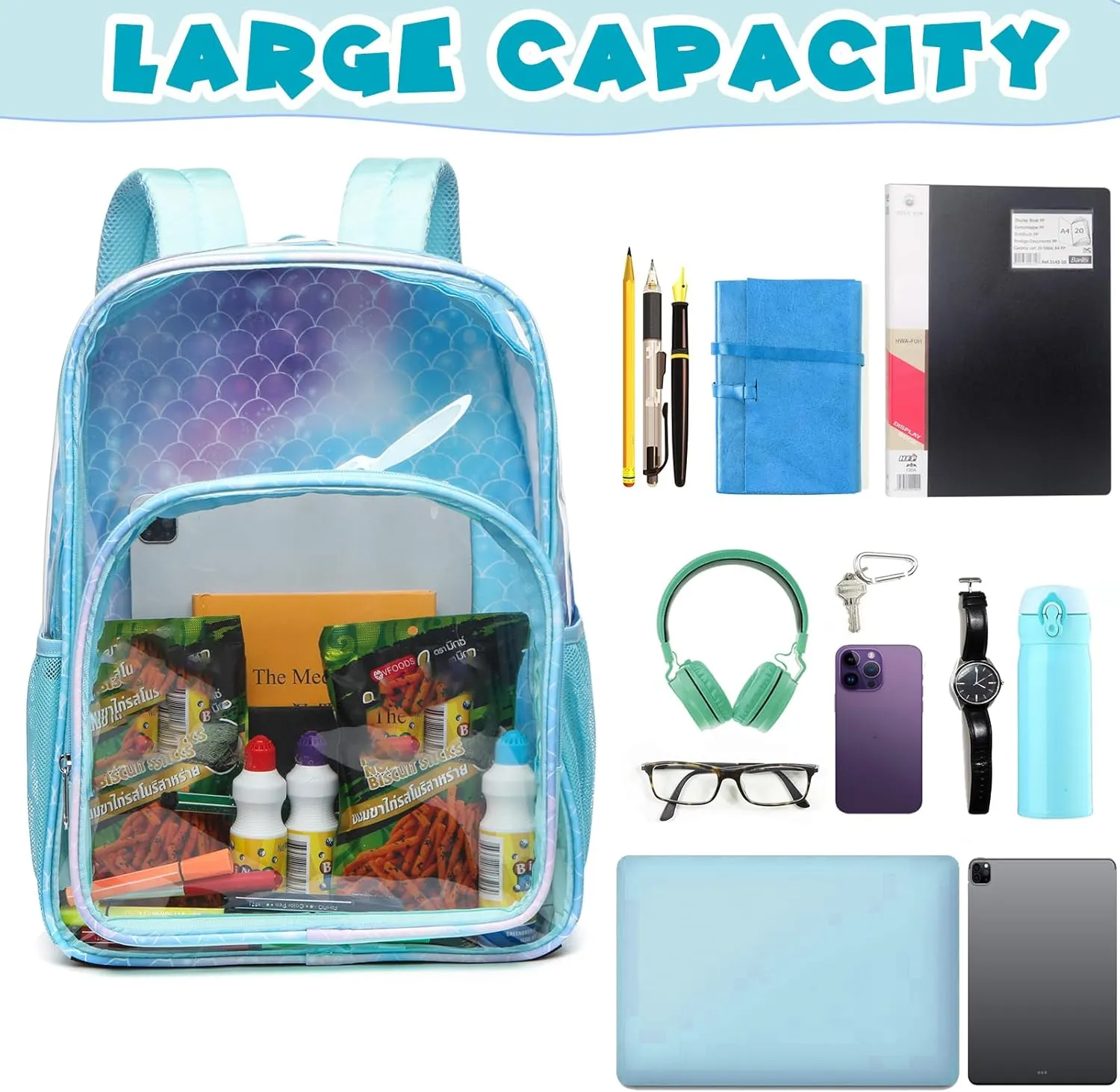 BLUEFAIRY Clear Backpack for School Stadium Approved Large PVC See Through Bag Heavy Duty Bookbag Transparent Plastic Bag for Kids Students Work Events 17" Mermaid Blue