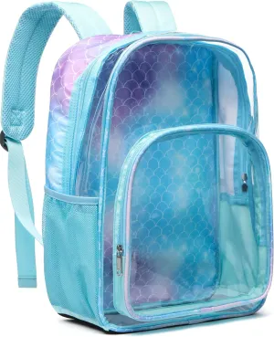 BLUEFAIRY Clear Backpack for School Stadium Approved Large PVC See Through Bag Heavy Duty Bookbag Transparent Plastic Bag for Kids Students Work Events 17" Mermaid Blue