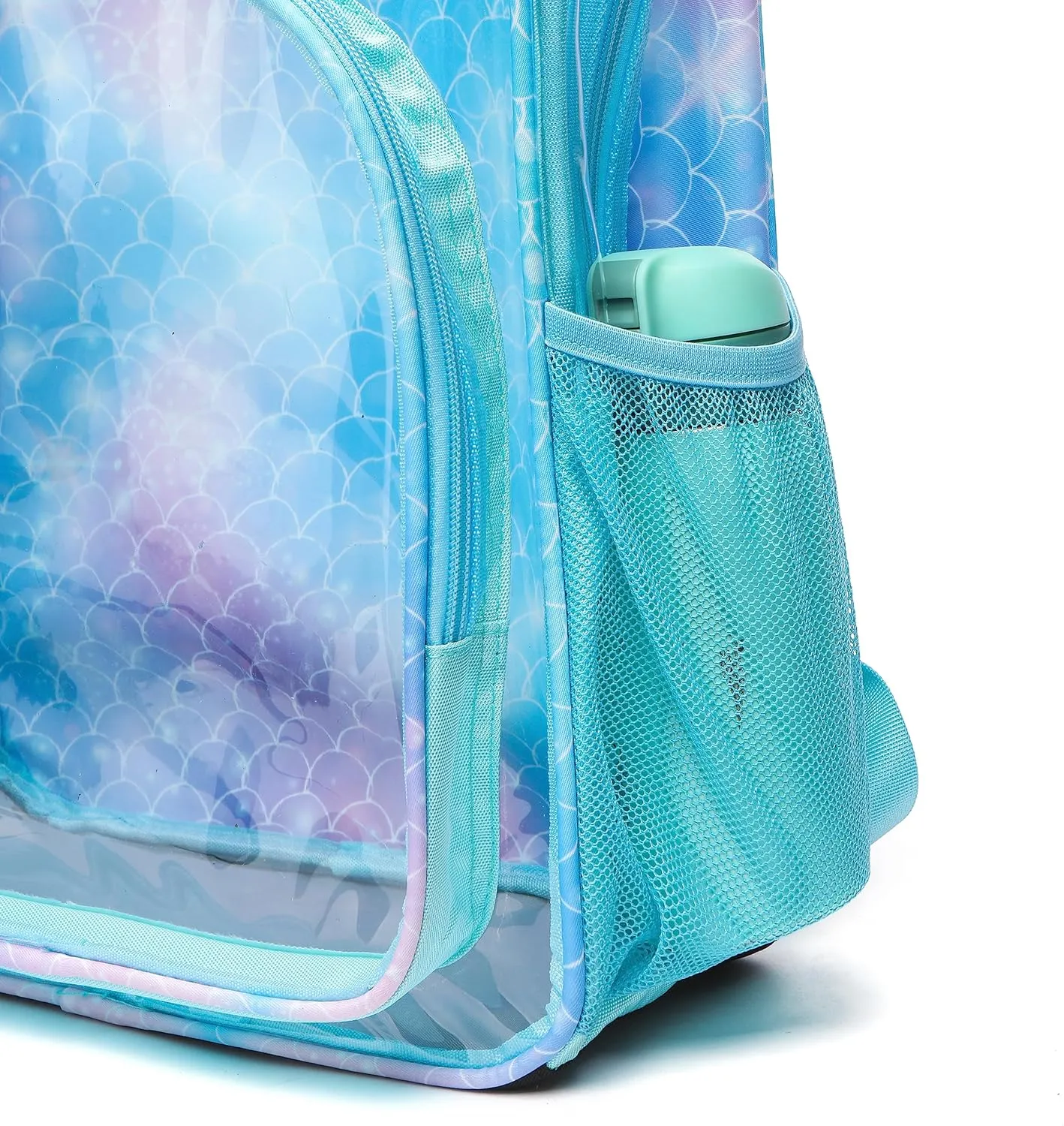 BLUEFAIRY Clear Backpack for School Stadium Approved Large PVC See Through Bag Heavy Duty Bookbag Transparent Plastic Bag for Kids Students Work Events 17" Mermaid Blue
