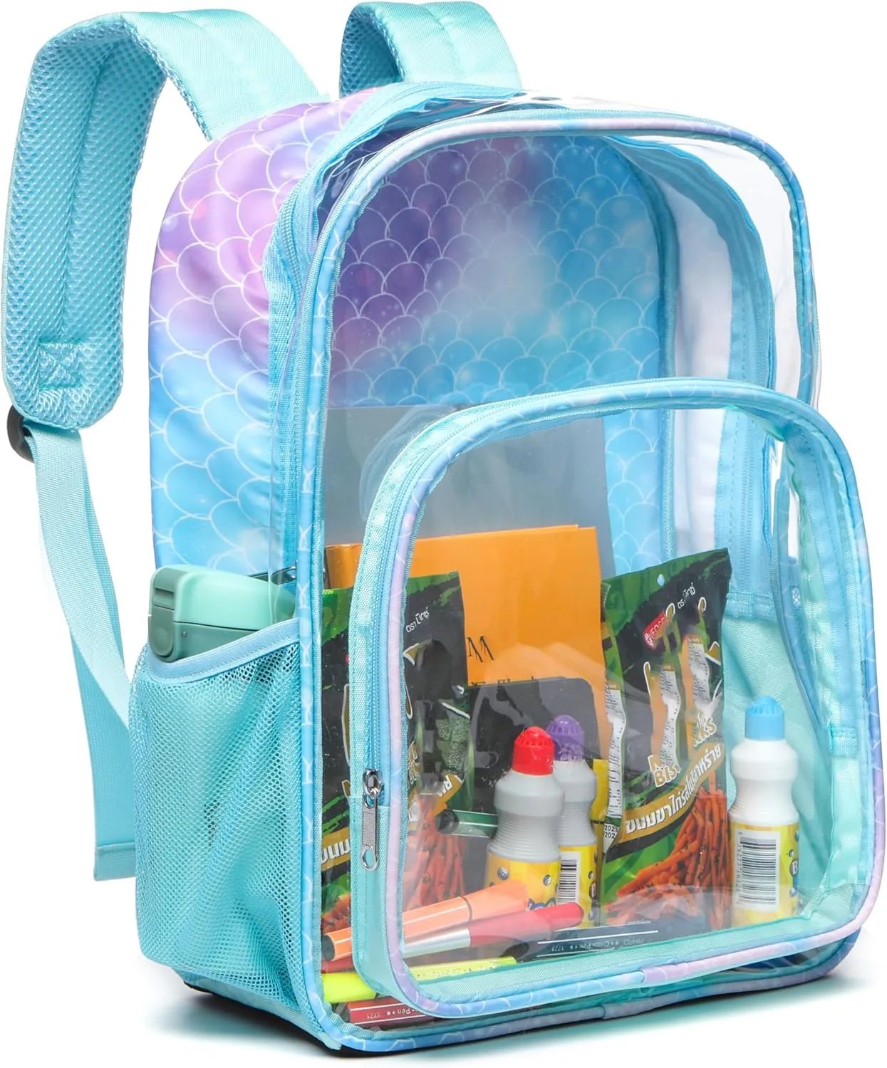 BLUEFAIRY Clear Backpack for School Stadium Approved Large PVC See Through Bag Heavy Duty Bookbag Transparent Plastic Bag for Kids Students Work Events 17" Mermaid Blue