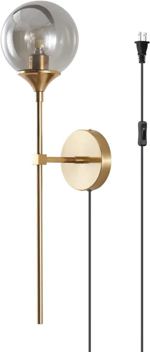 BOKT Brushed Brass Gold Wall Mounted Sconce Plug in Cord Mid Century Modern Globe Wall Light Fixture Plug in Vintage Long Pole Wall Lamp Smoke Gray Glass Wall Sconce Lighting (Smoke Gray-Plug in)