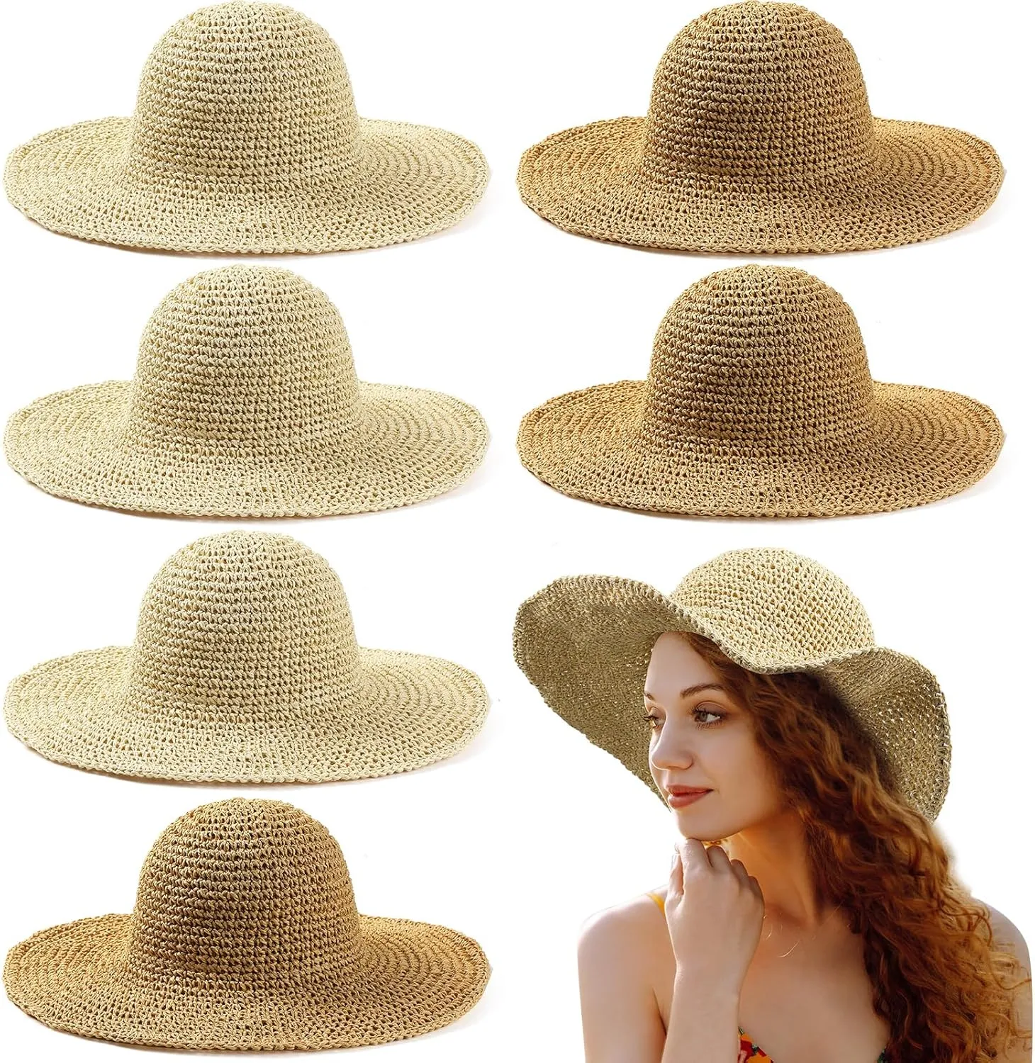 Bonuci 6 Pcs Floppy Paper Straw Sun Hat Foldable Packable Wide Brim Scarecrow Hat Breathable Crochet Bucket Beach Hat
