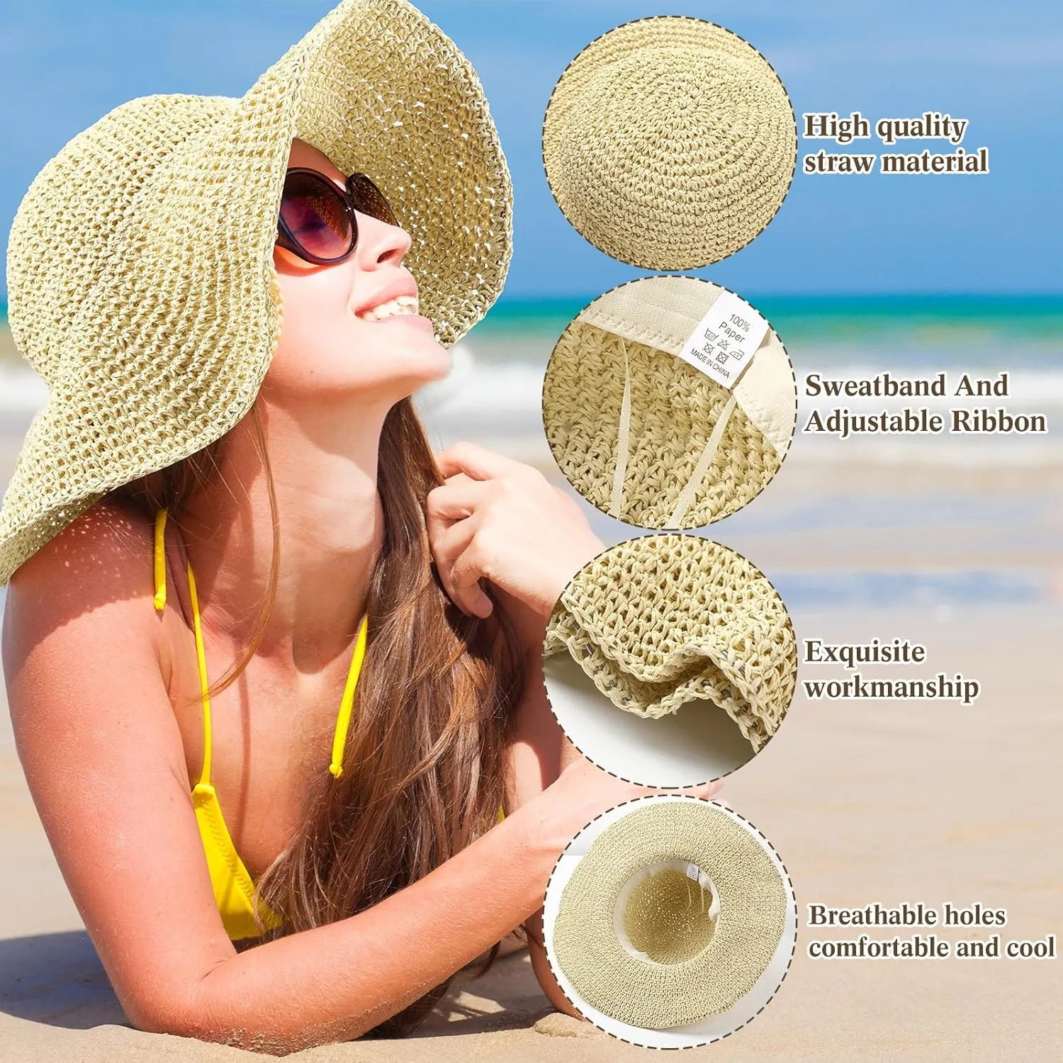 Bonuci 6 Pcs Floppy Paper Straw Sun Hat Foldable Packable Wide Brim Scarecrow Hat Breathable Crochet Bucket Beach Hat
