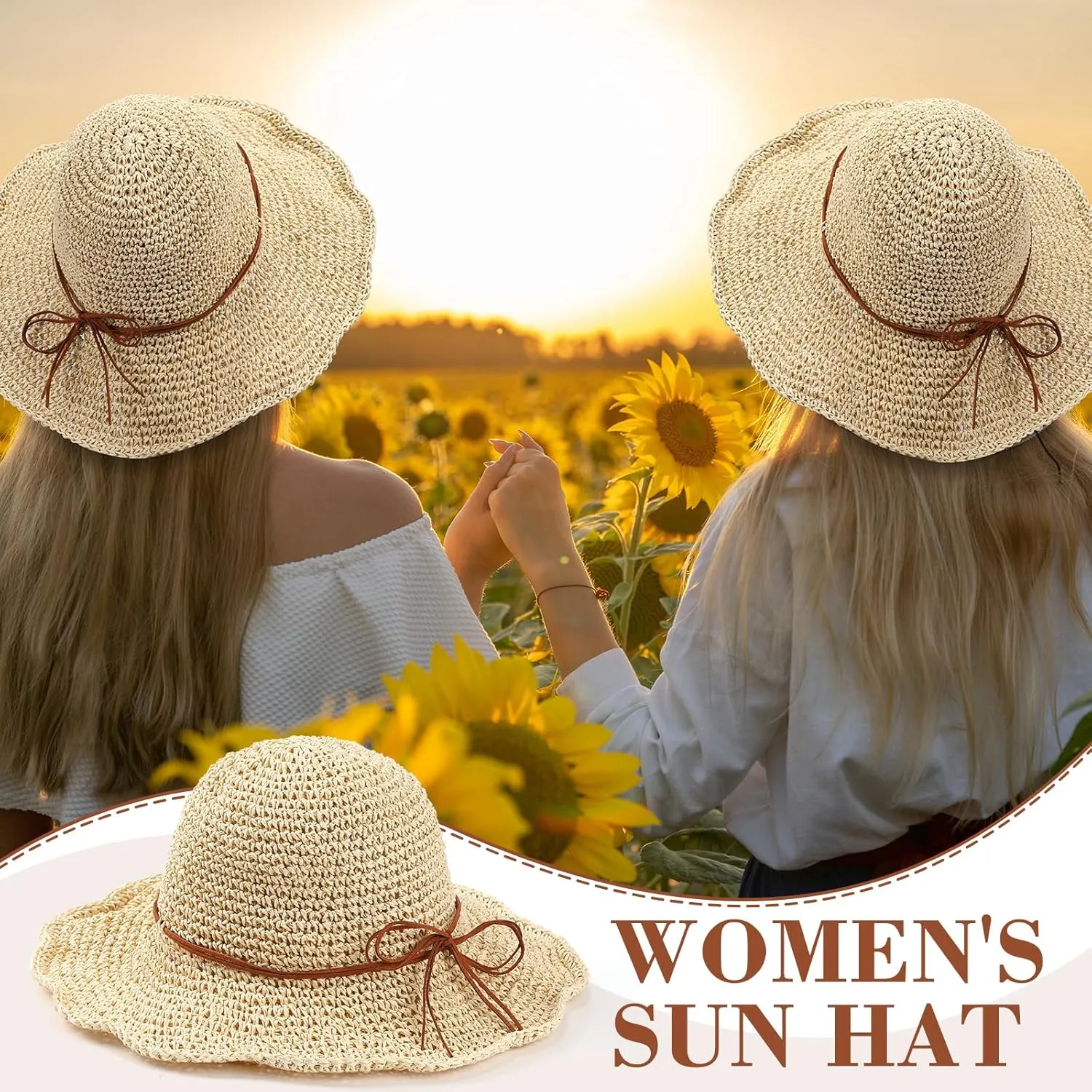 Bonuci 6 Pcs Floppy Paper Straw Sun Hat Foldable Packable Wide Brim Scarecrow Hat Breathable Crochet Bucket Beach Hat